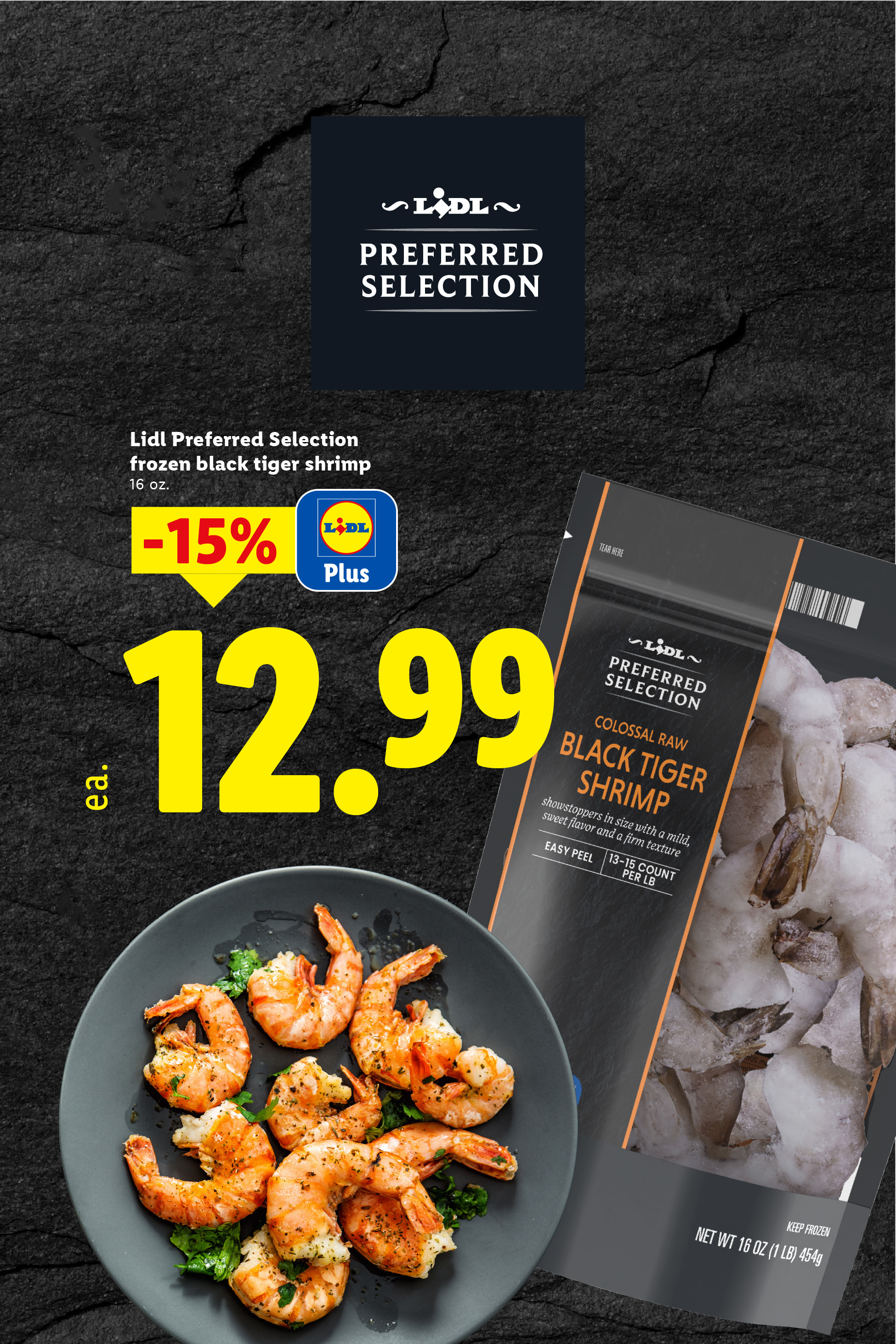 Frozen black tiger shrimp with a 15% discount, priced at $12.99, shown with cooked shrimp on a plate.