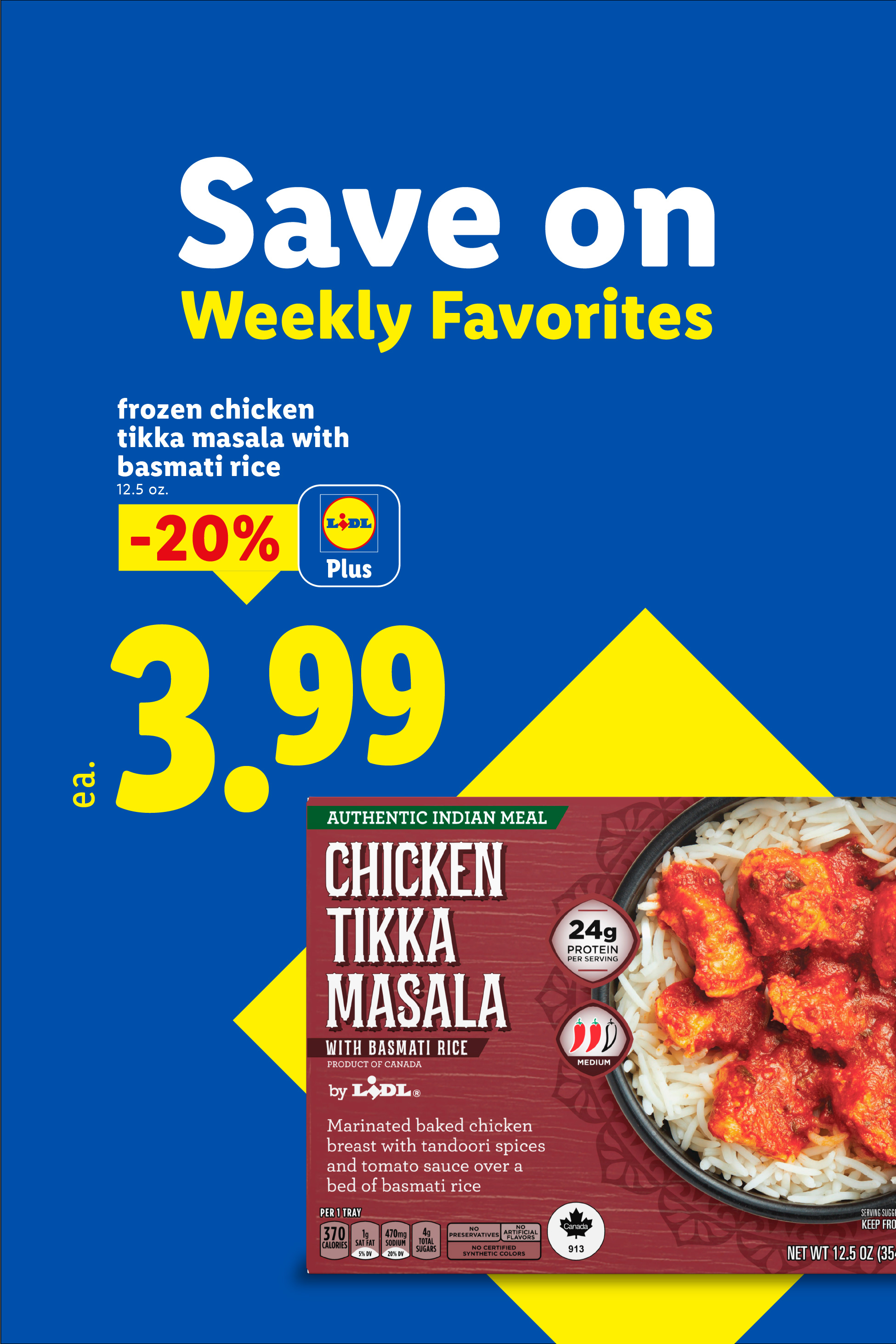 Ad for frozen chicken tikka masala with basmati rice, 12.5 oz, on sale for $3.99, 20% off.