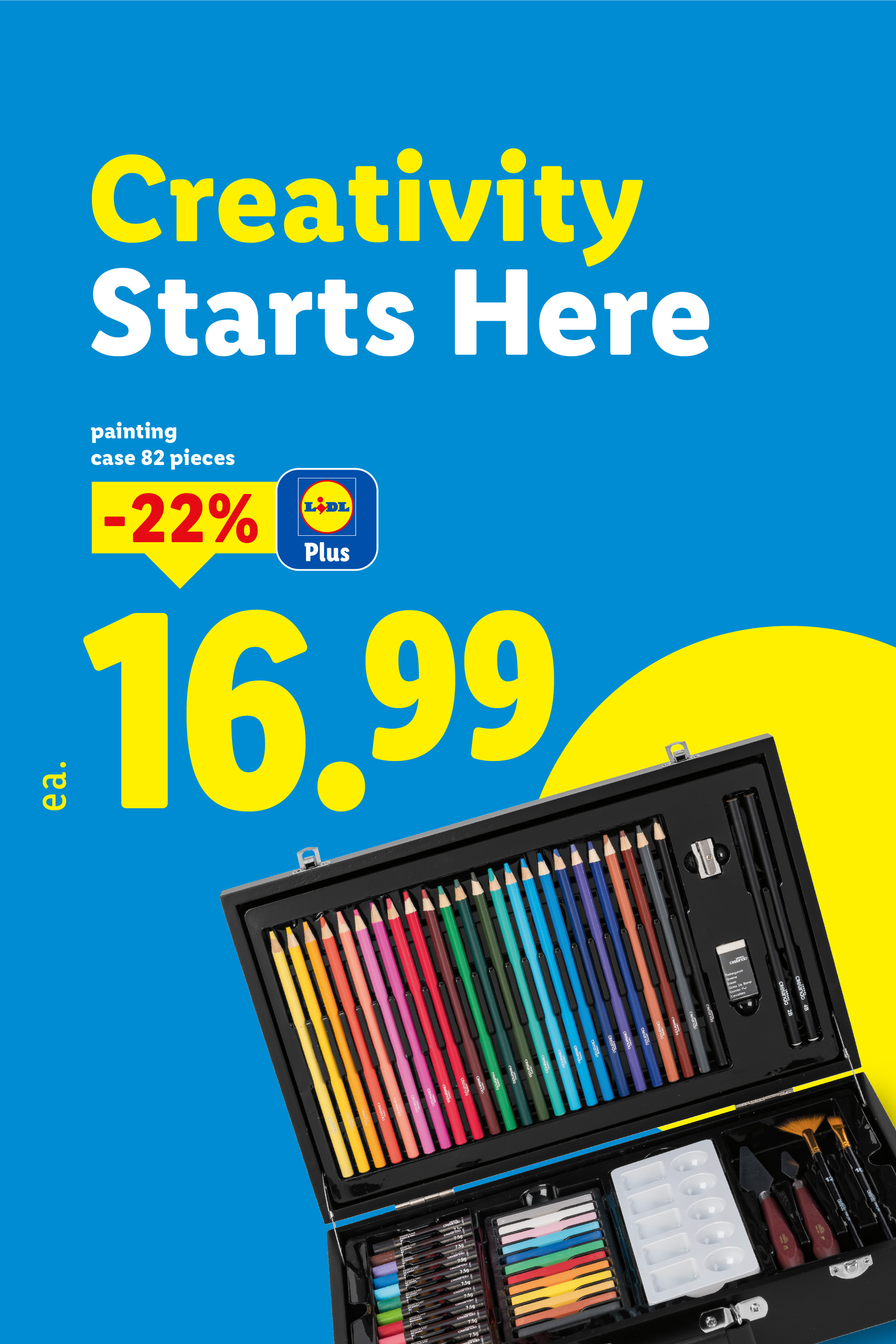 A painting case with 82 pieces, including colored pencils, pastels, and brushes, on a blue background with the text 'Creativity Starts Here' and a price of 16.99.