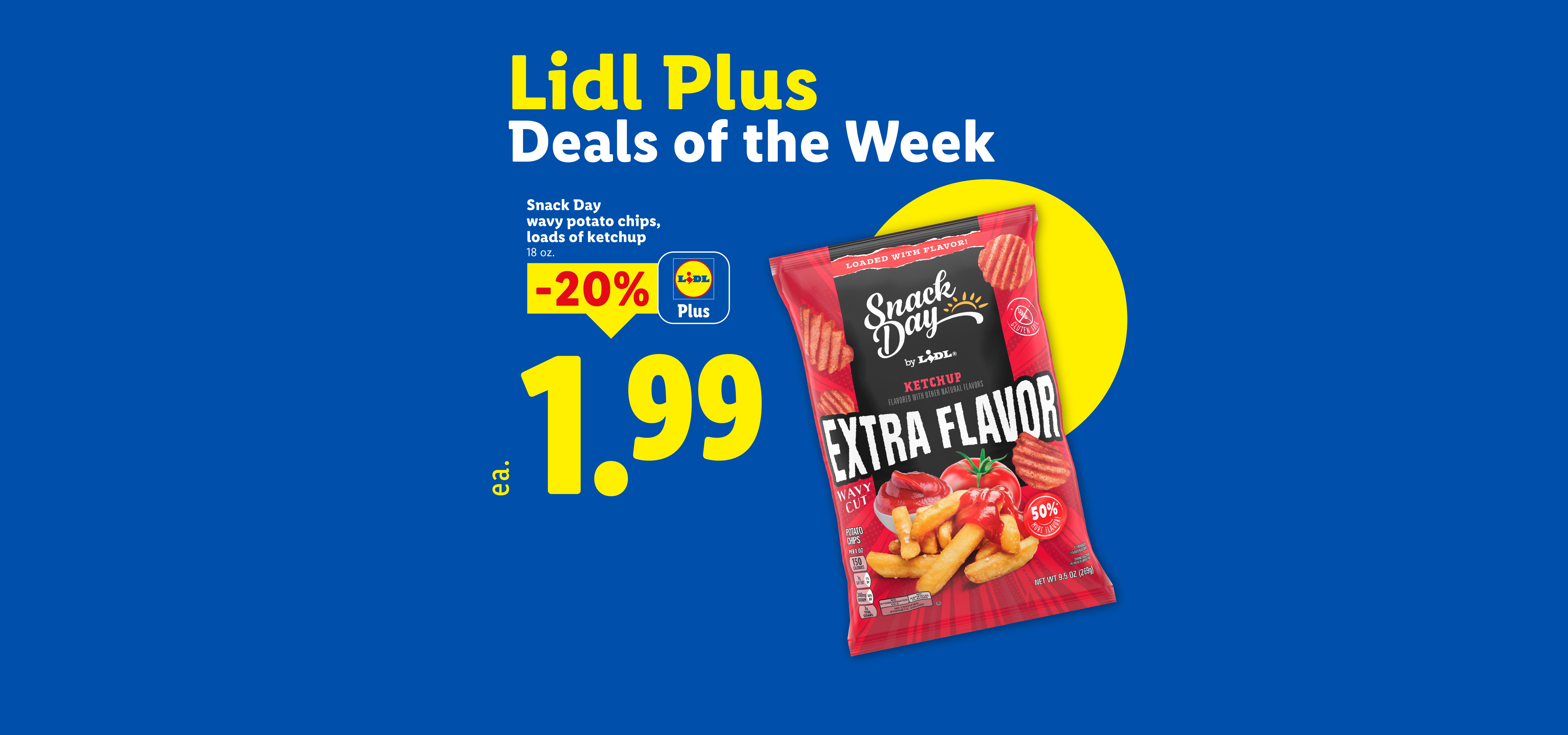 A bag of ketchup-flavored wavy potato chips with a 20% discount, priced at $1.99.