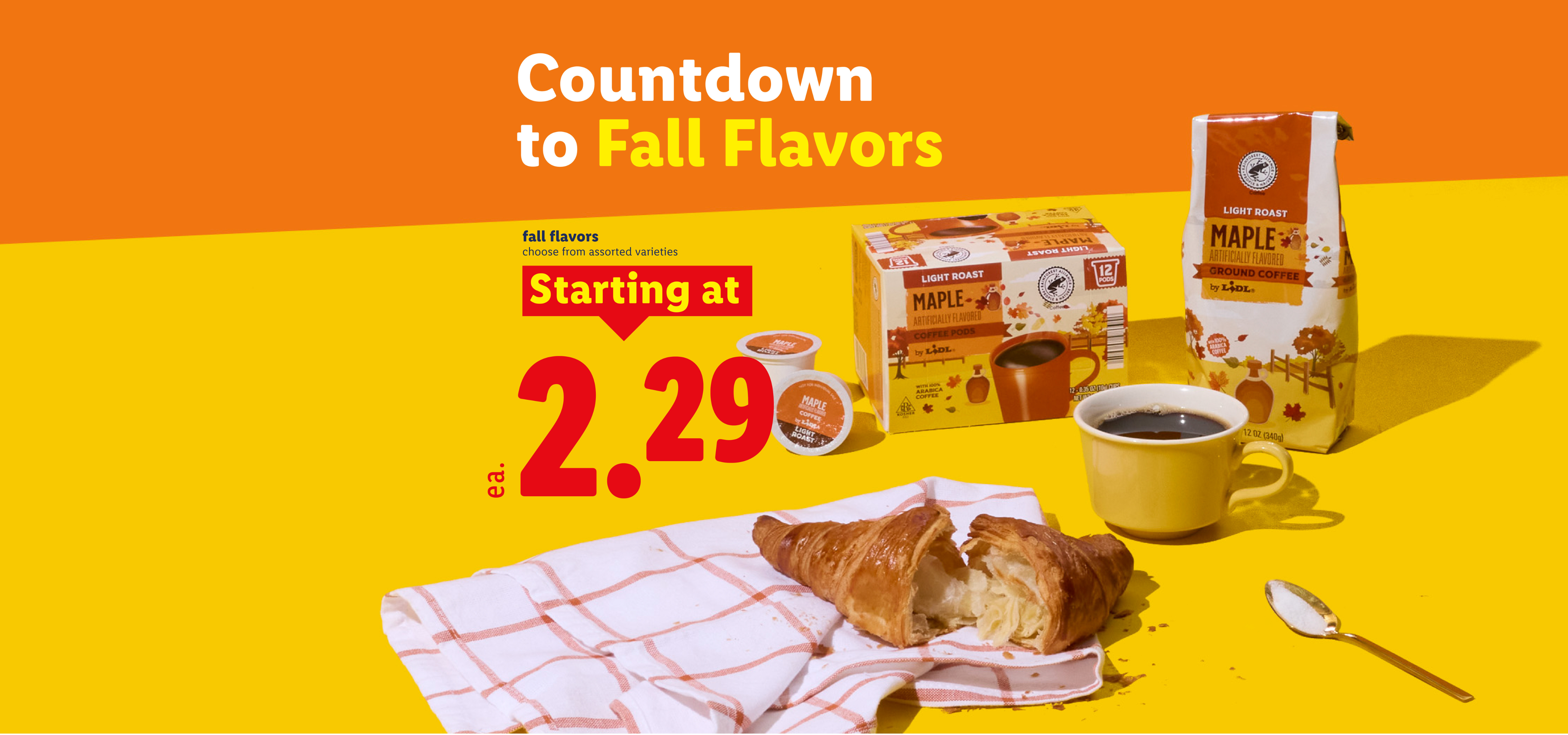 Fall flavors starting at $2.29, featuring pumpkin spice, apple pie granola, salted caramel crisps, butternut squash soup, and pumpkin pie.