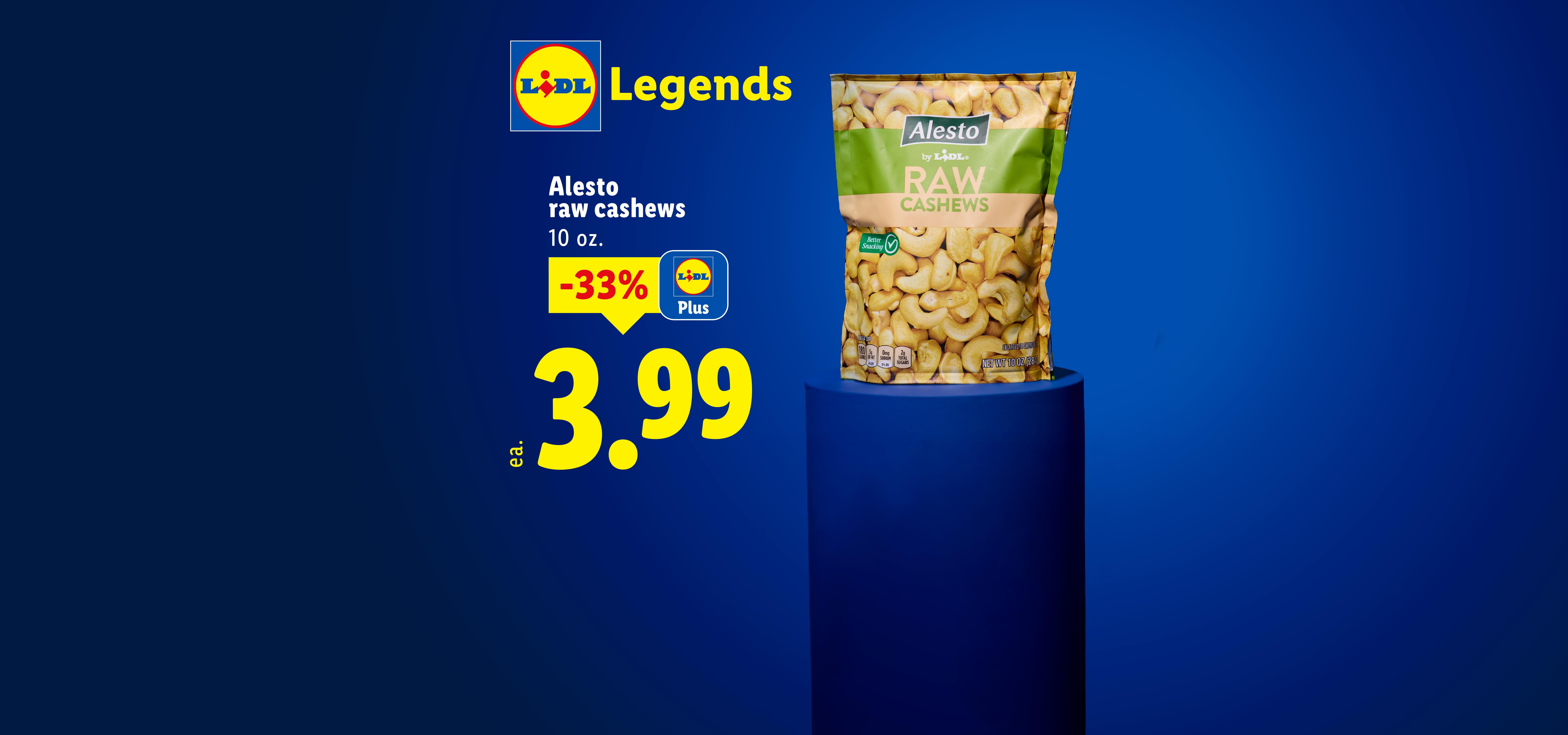 A bag of raw cashews with a 33% discount, priced at $3.99, on a blue background.