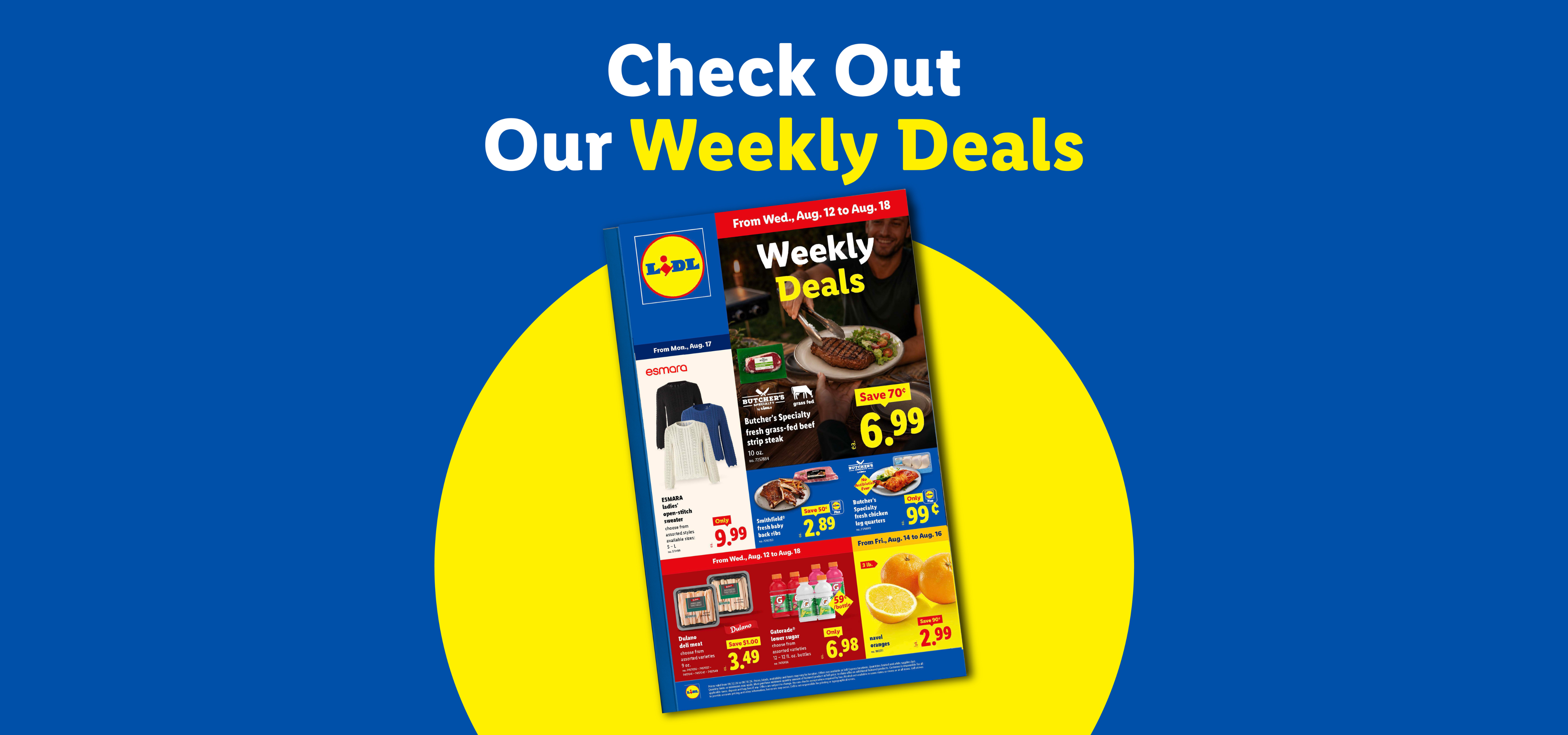 A flyer for weekly deals, featuring a steak, sweaters, and oranges, against a blue and yellow background.