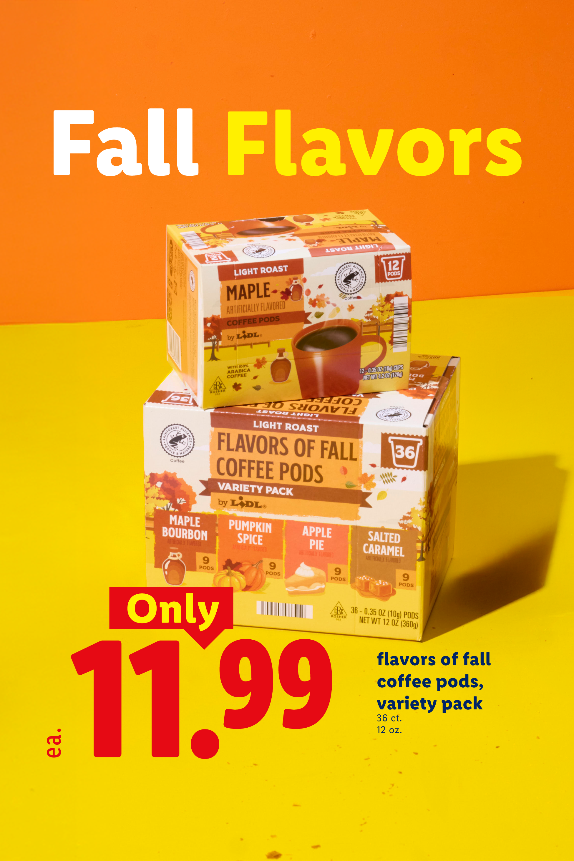 Fall Flavors coffee pods, variety pack, 36 count, 12 oz. for $11.99.