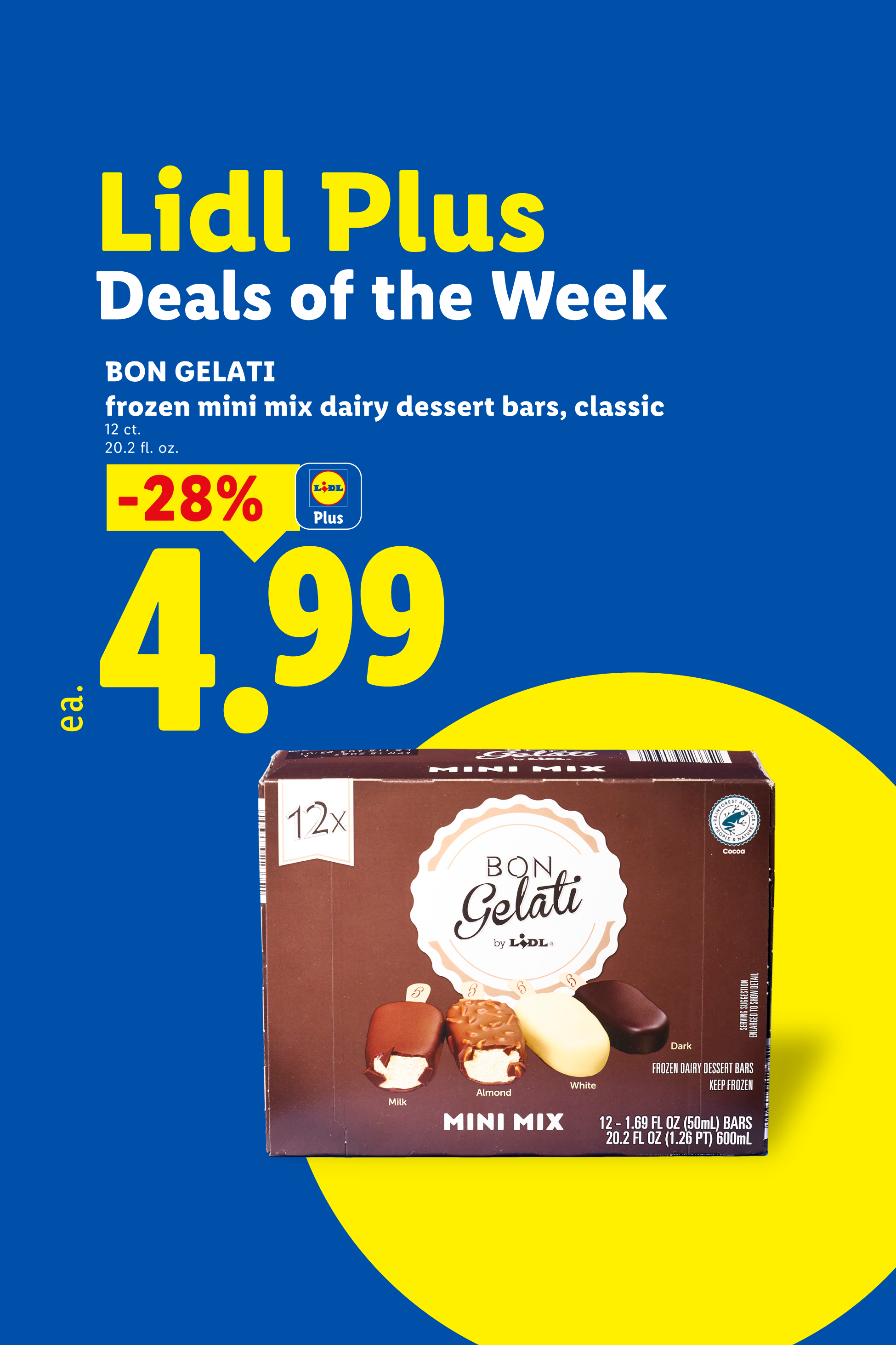 Lidl Plus Deals of the Week featuring frozen mini mix dairy dessert bars for $4.99, 28% off.