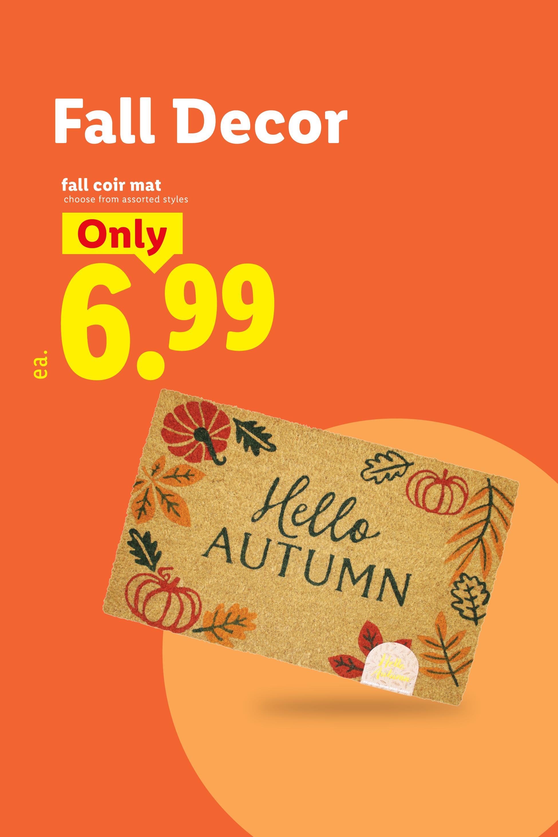 Fall Decor: Fall coir mat with 'Hello Autumn' design, priced at $6.99.