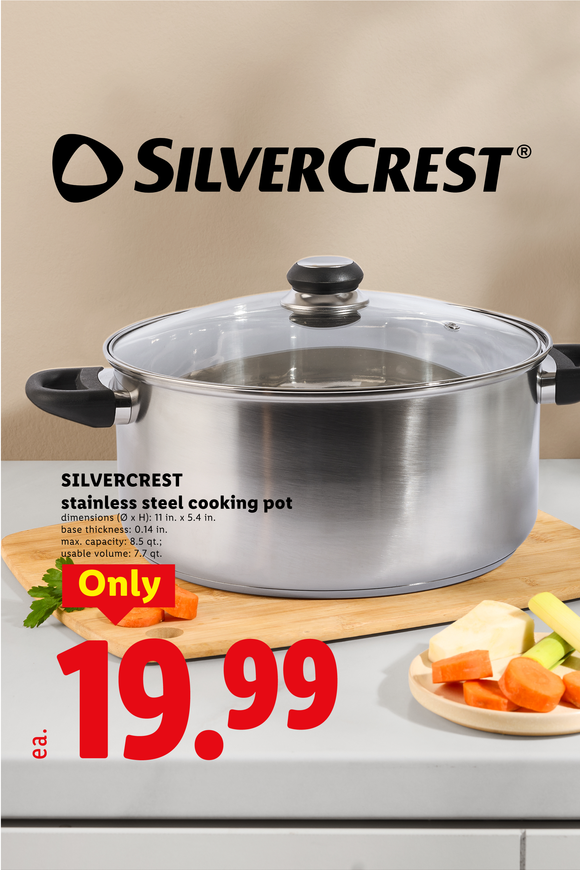 Stainless steel cooking pot with glass lid, on a wooden cutting board with vegetables, priced at $19.99.