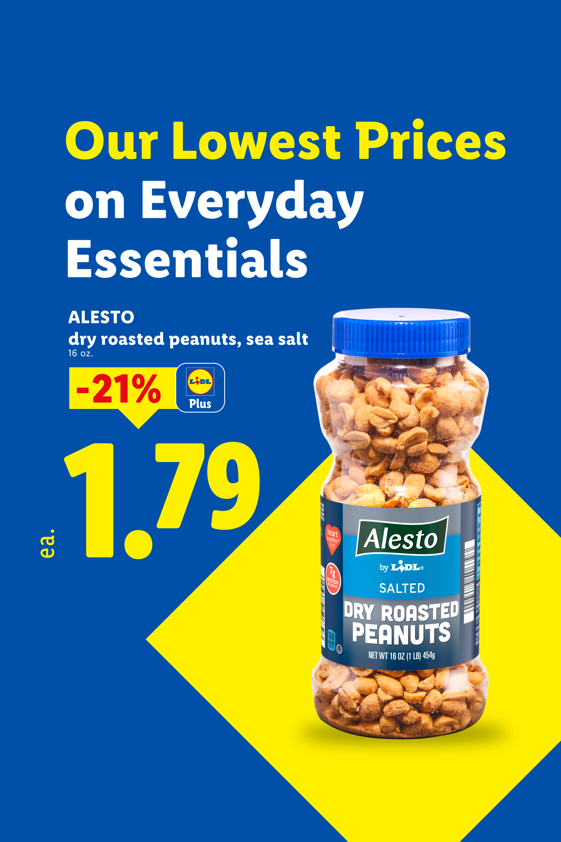 Advertisement for dry roasted peanuts with a price of $1.79, highlighting 'Our Lowest Prices on Everyday Essentials'.