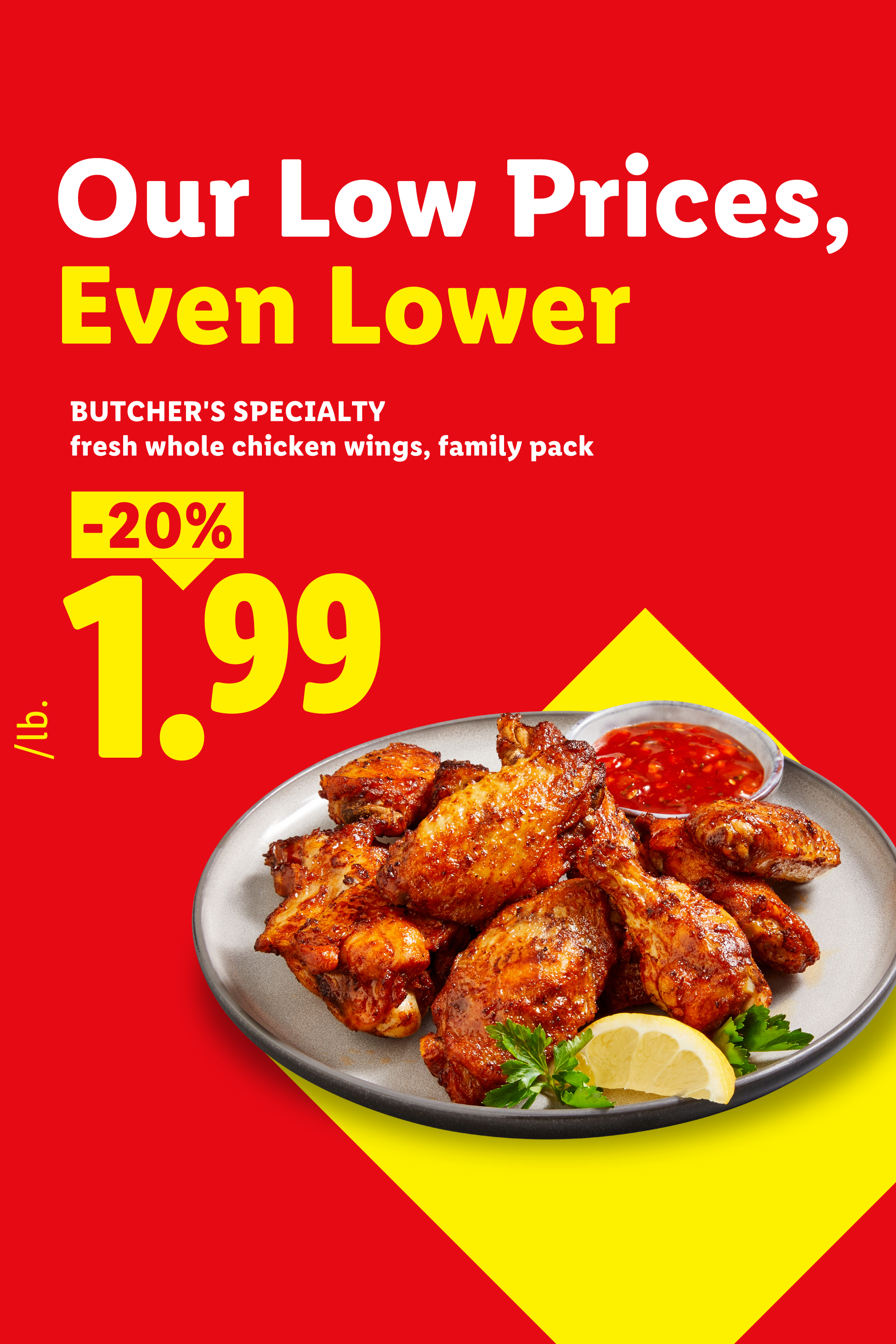 Fresh whole chicken wings, family pack, on sale for $1.99/lb, 20% off.