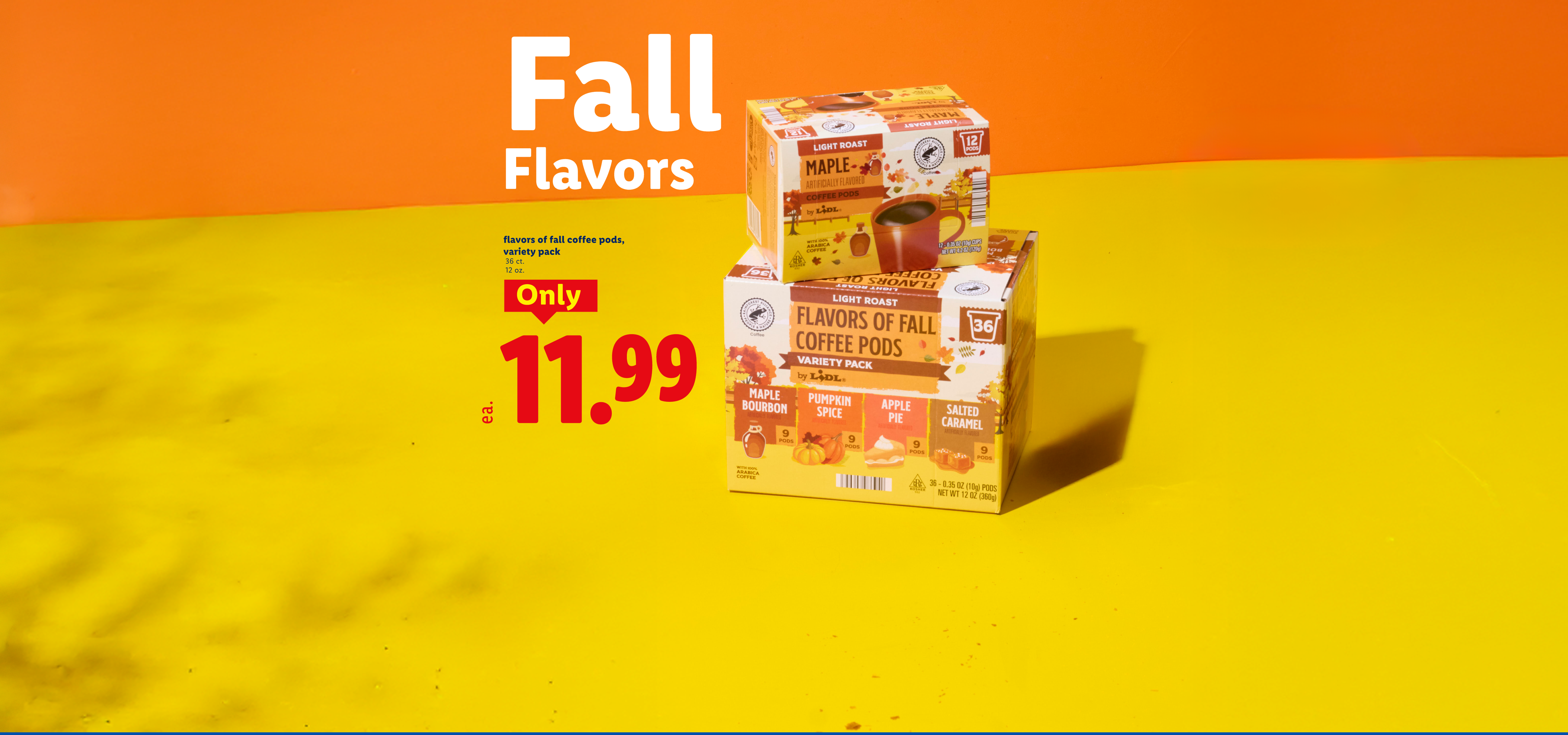 Fall Flavors coffee pods variety pack, 36 count, 12 oz, for $11.99.