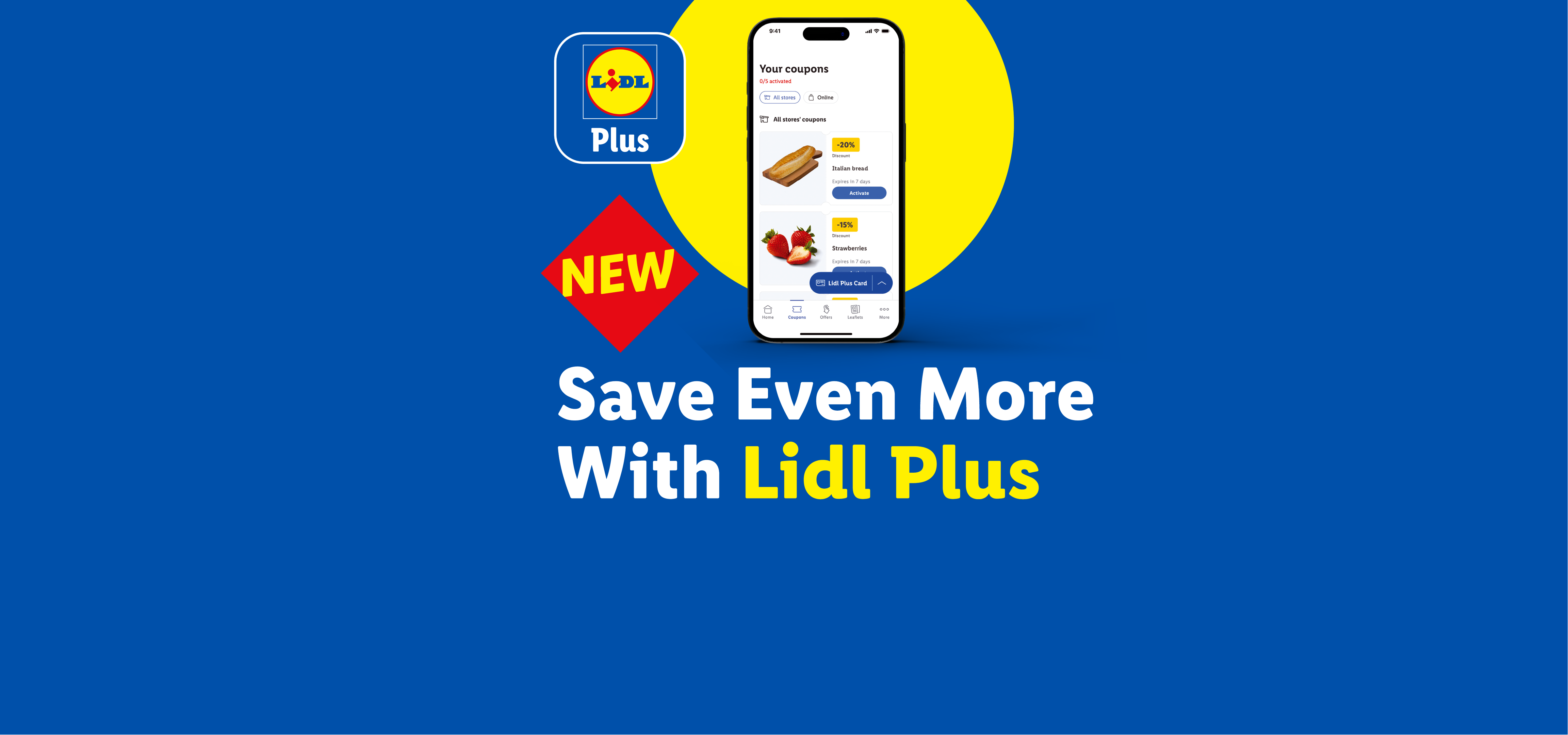 Lidl Plus app showing coupons for Italian bread and strawberries, with text 'Save Even More With Lidl Plus'.