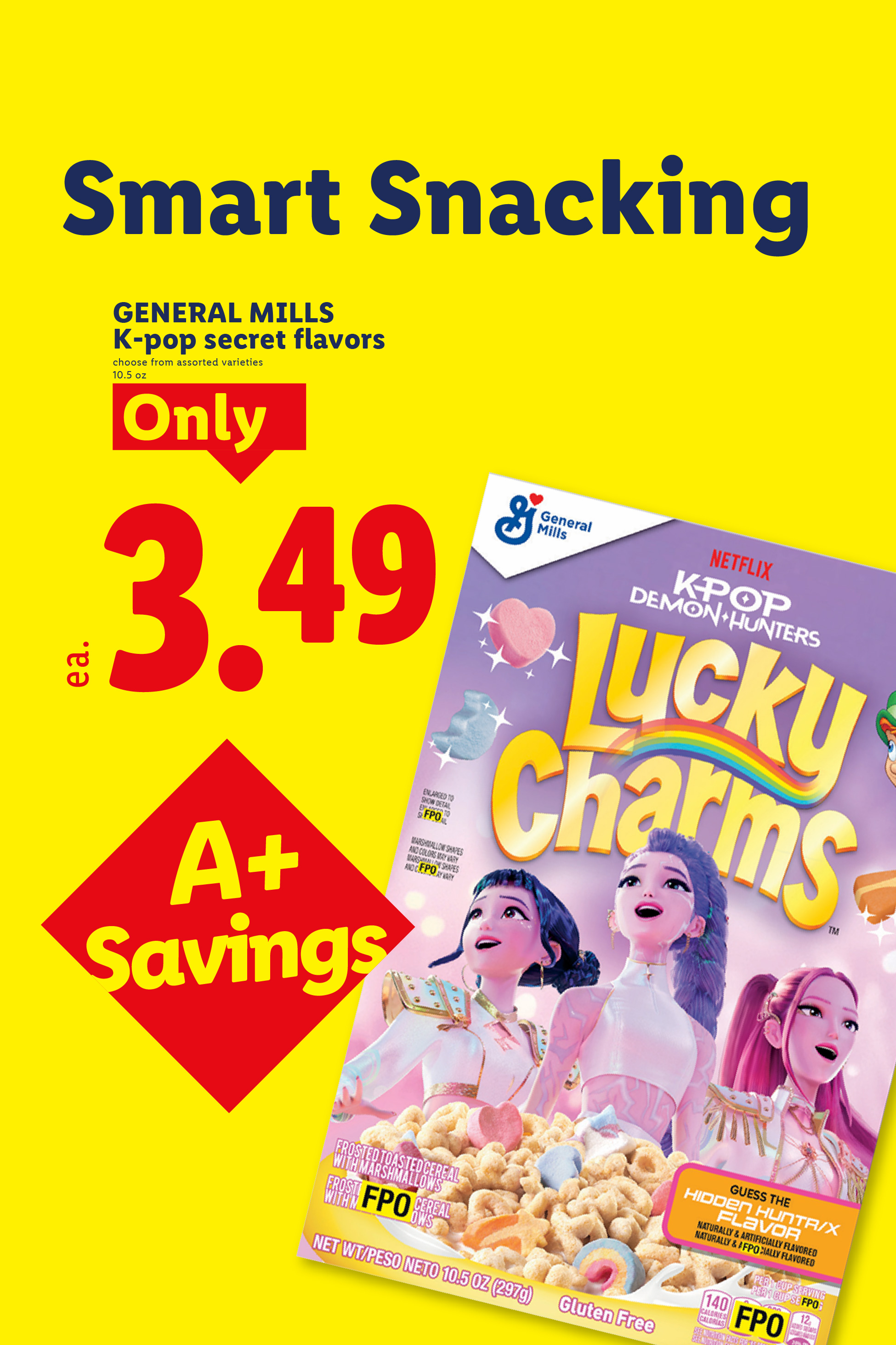 K-pop secret flavors cereal for $3.49, with A+ savings.