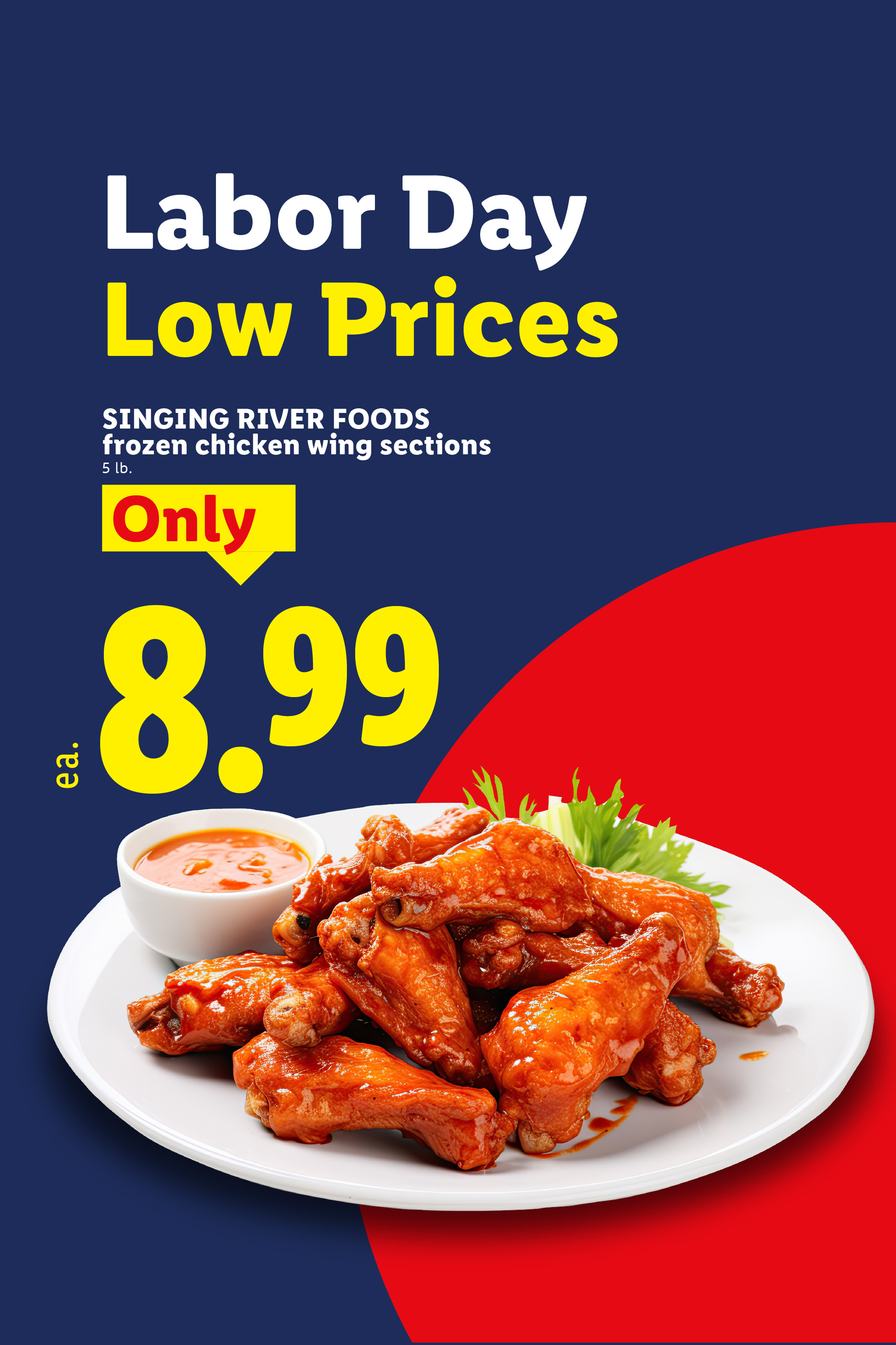 Labor Day ad for frozen chicken wing sections for $8.99, served with sauce and celery.