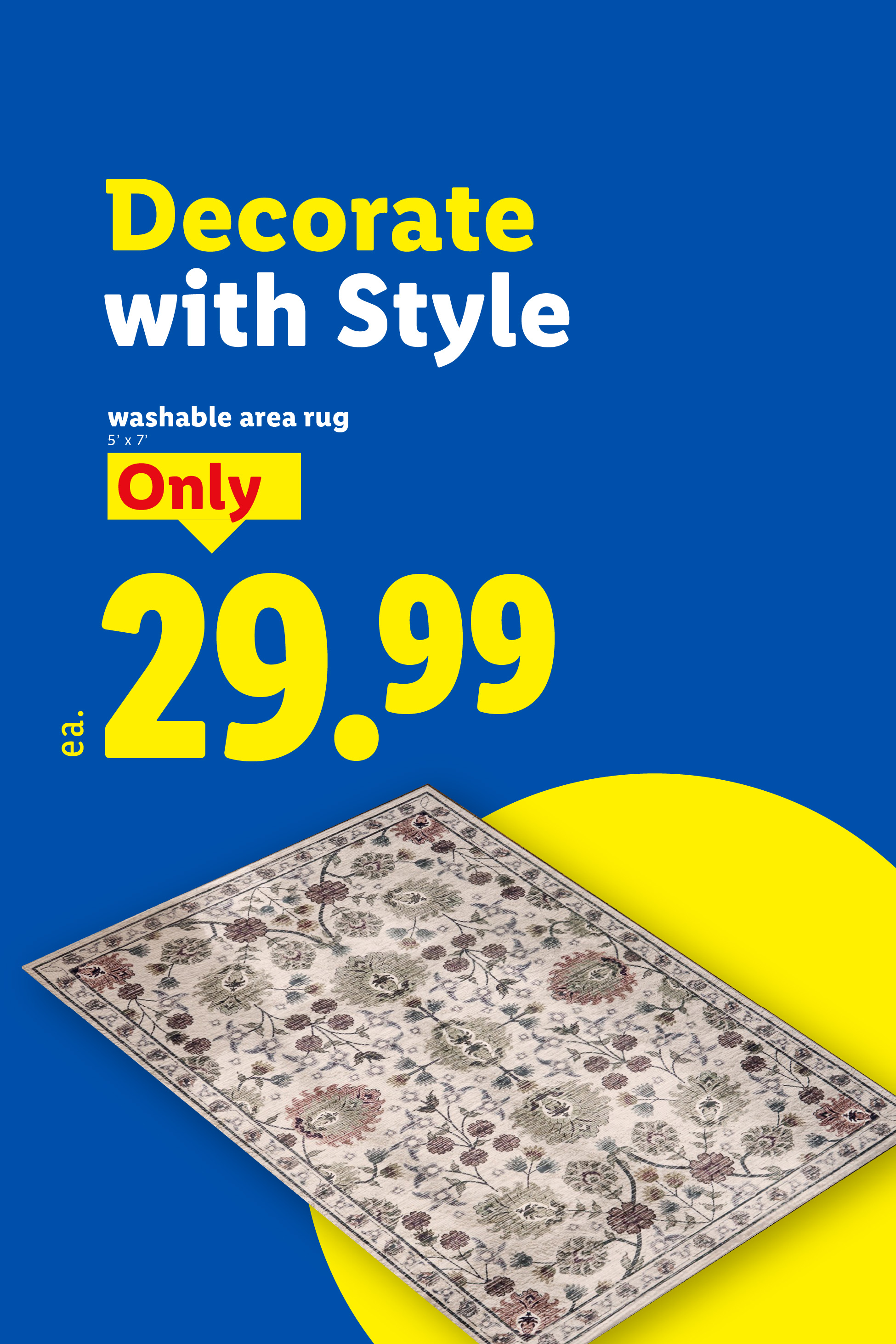 Washable area rug for $29.99, 5' x 7', with the text 'Decorate with Style' and 'Only'.