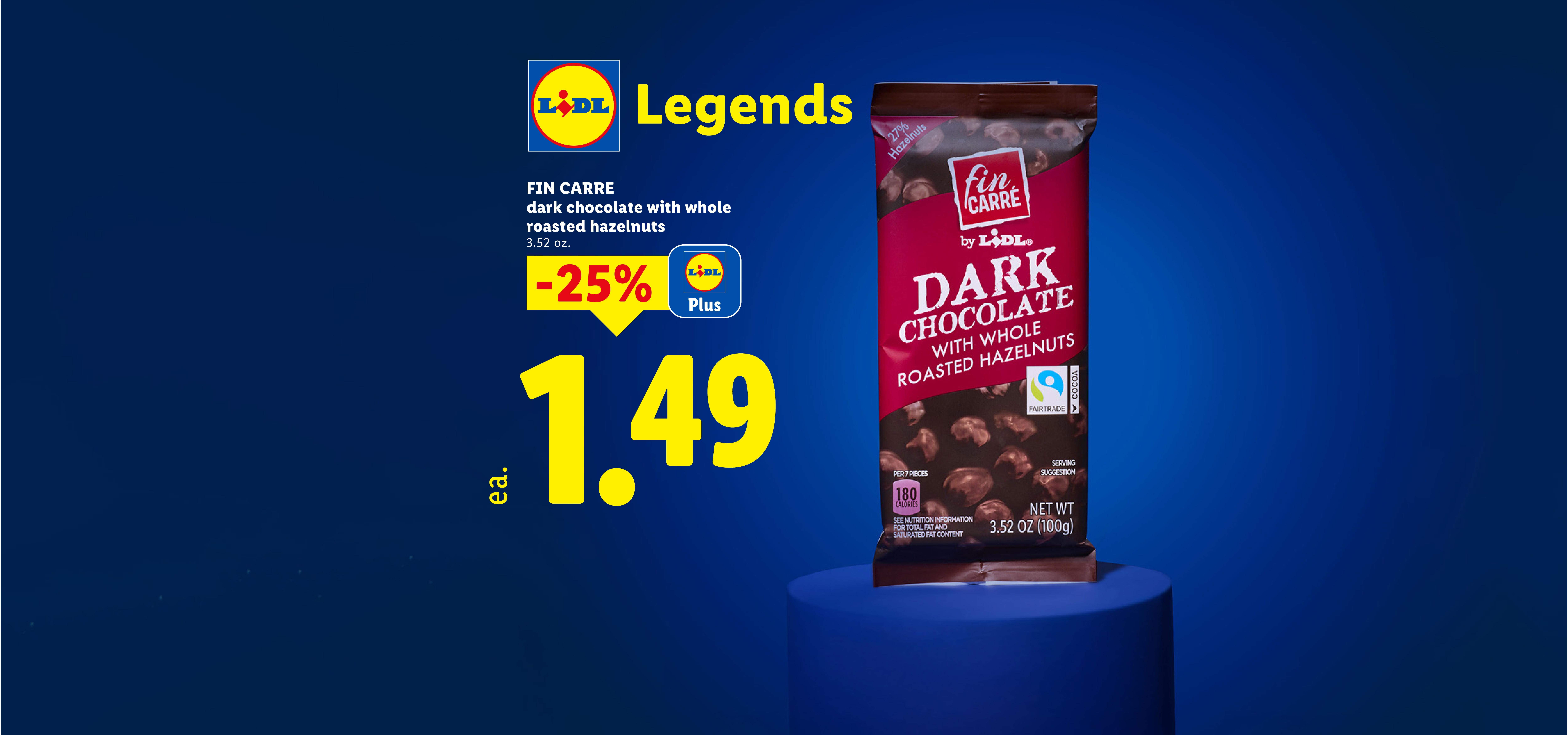 Dark chocolate with whole roasted hazelnuts, 25% off, priced at $1.49.