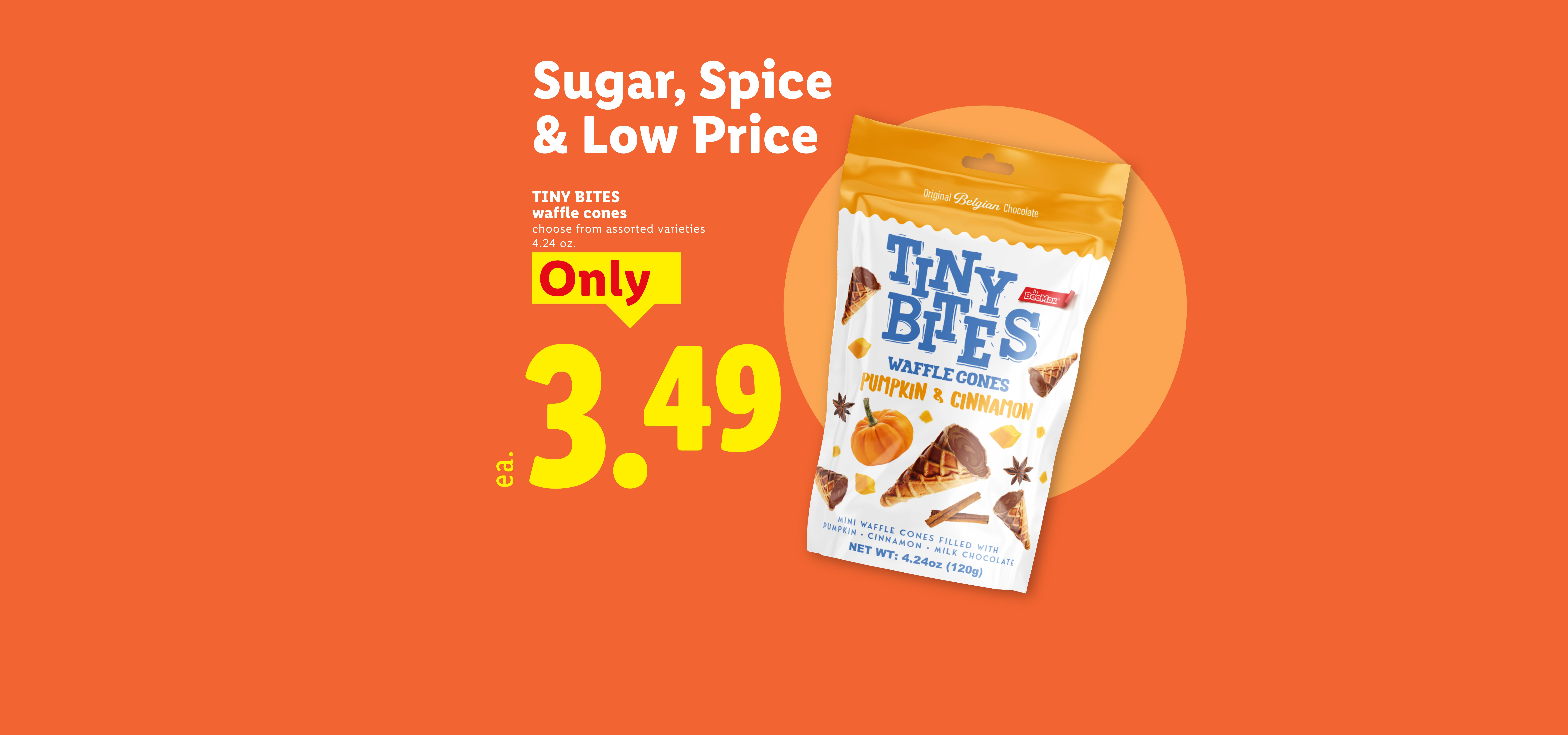 Pumpkin & Cinnamon waffle cones for $3.49, with the text 'Sugar, Spice & Low Price'.