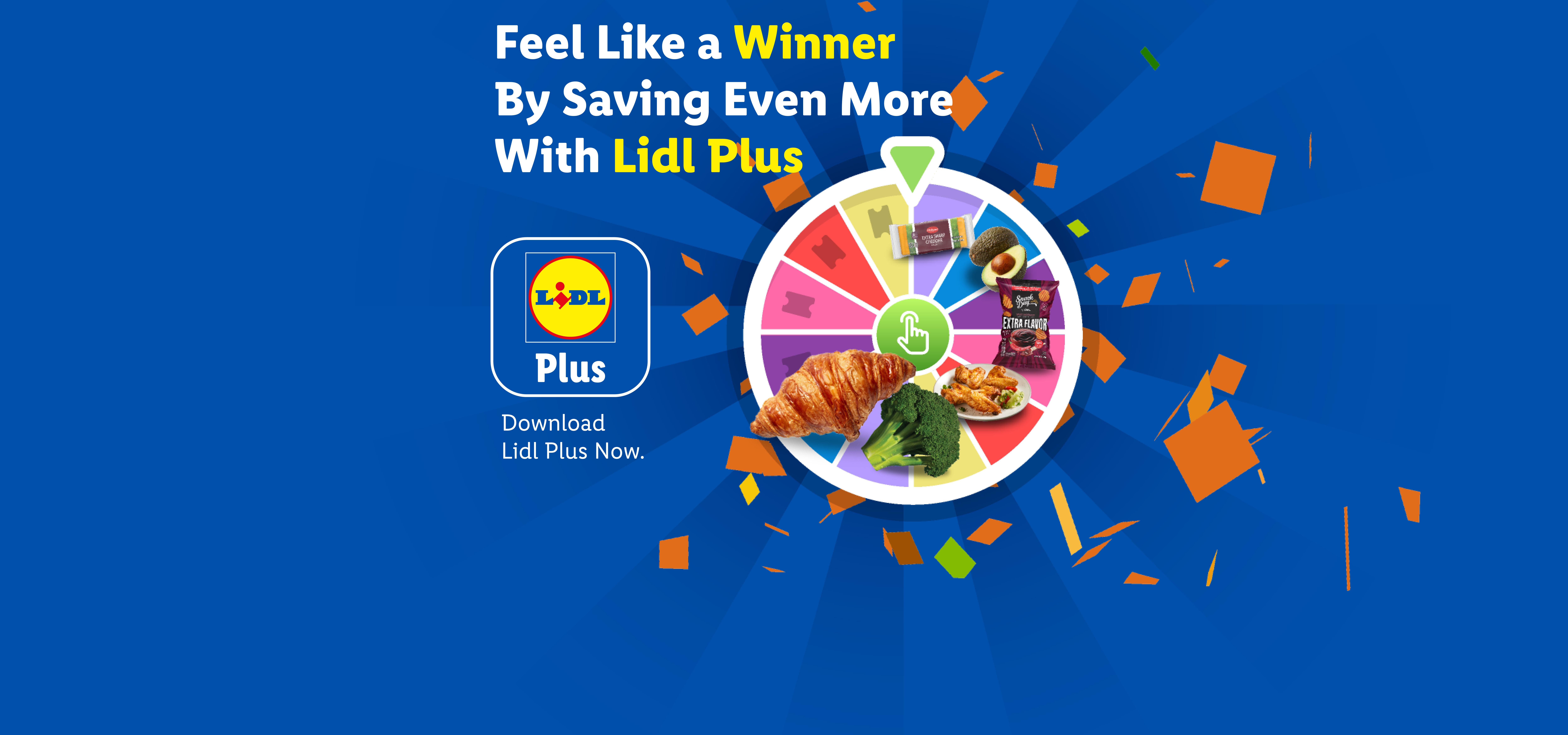Lidl Plus app promotion with a spinning wheel featuring a croissant, broccoli, chicken wings, chips, avocado, and cheese.