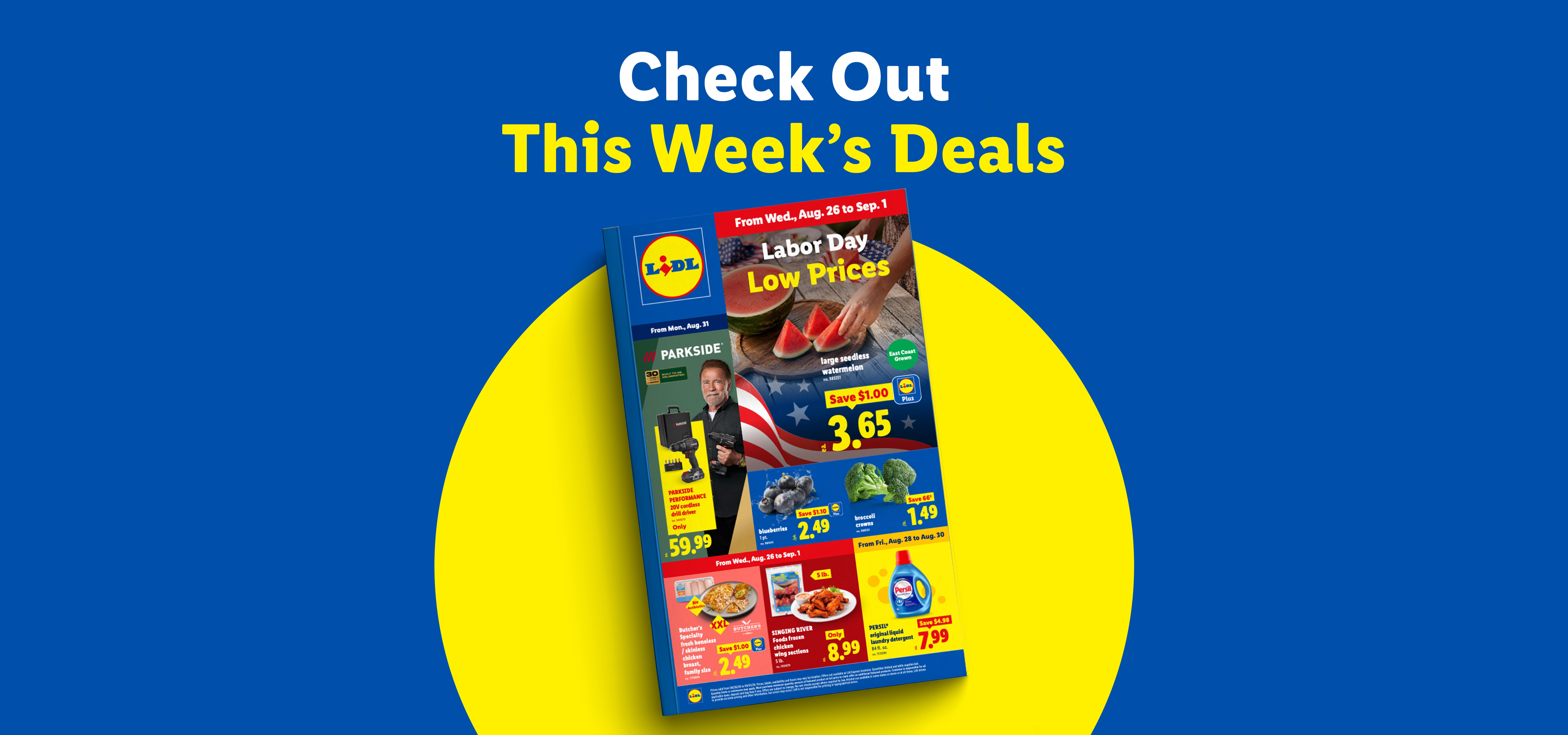 Lidl flyer with Labor Day deals on watermelon, blueberries, broccoli, chicken, and laundry detergent.