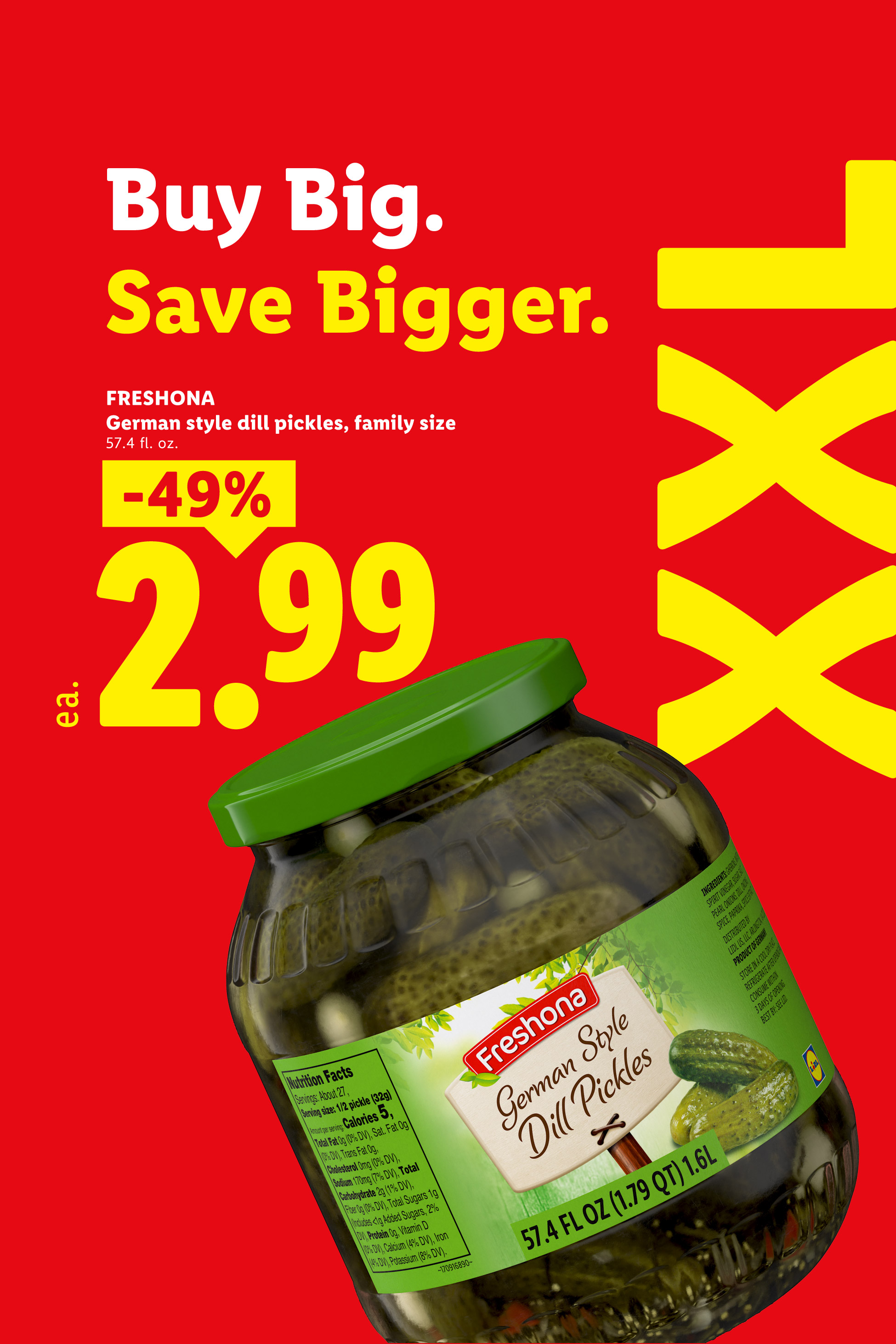 A large jar of German-style dill pickles with a 'Buy Big. Save Bigger.' promotion, showing a 49% discount for $2.99.