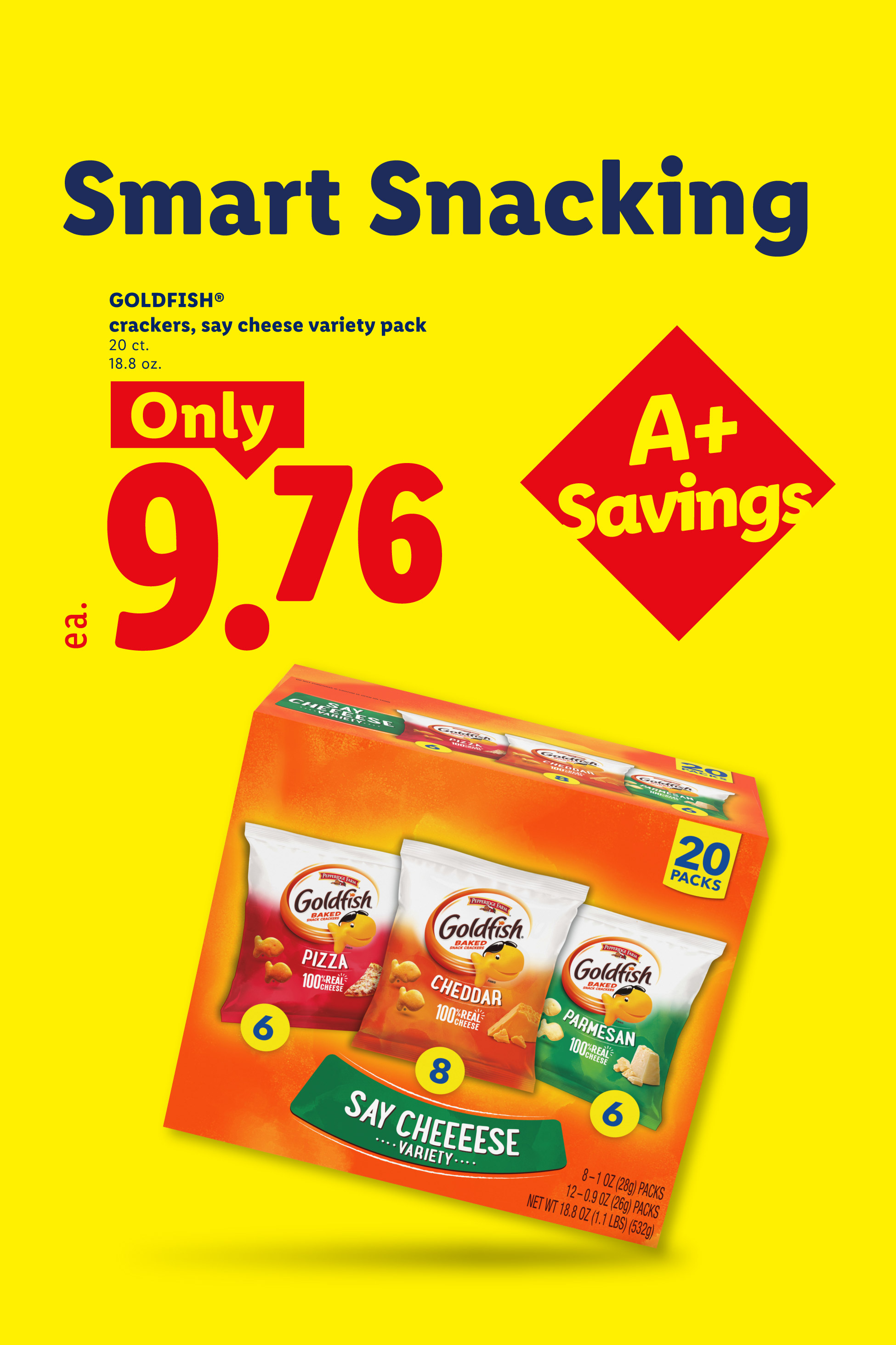 Smart Snacking: Cheese crackers variety pack, 20 ct., 18.8 oz., Only $9.76, A+ Savings.