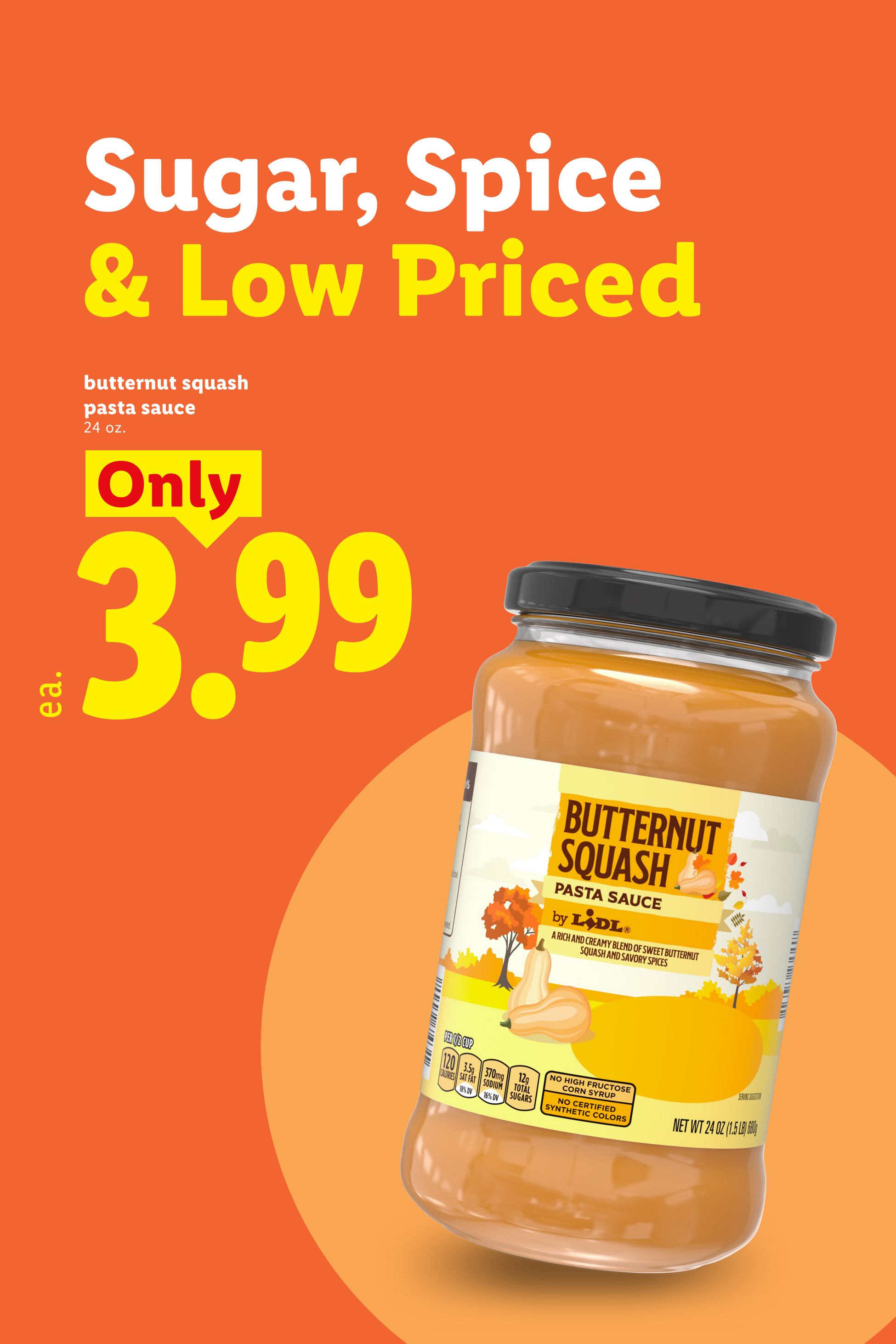 Butternut squash pasta sauce jar with a price of $3.99, advertised as 'Sugar, Spice & Low Priced.'
