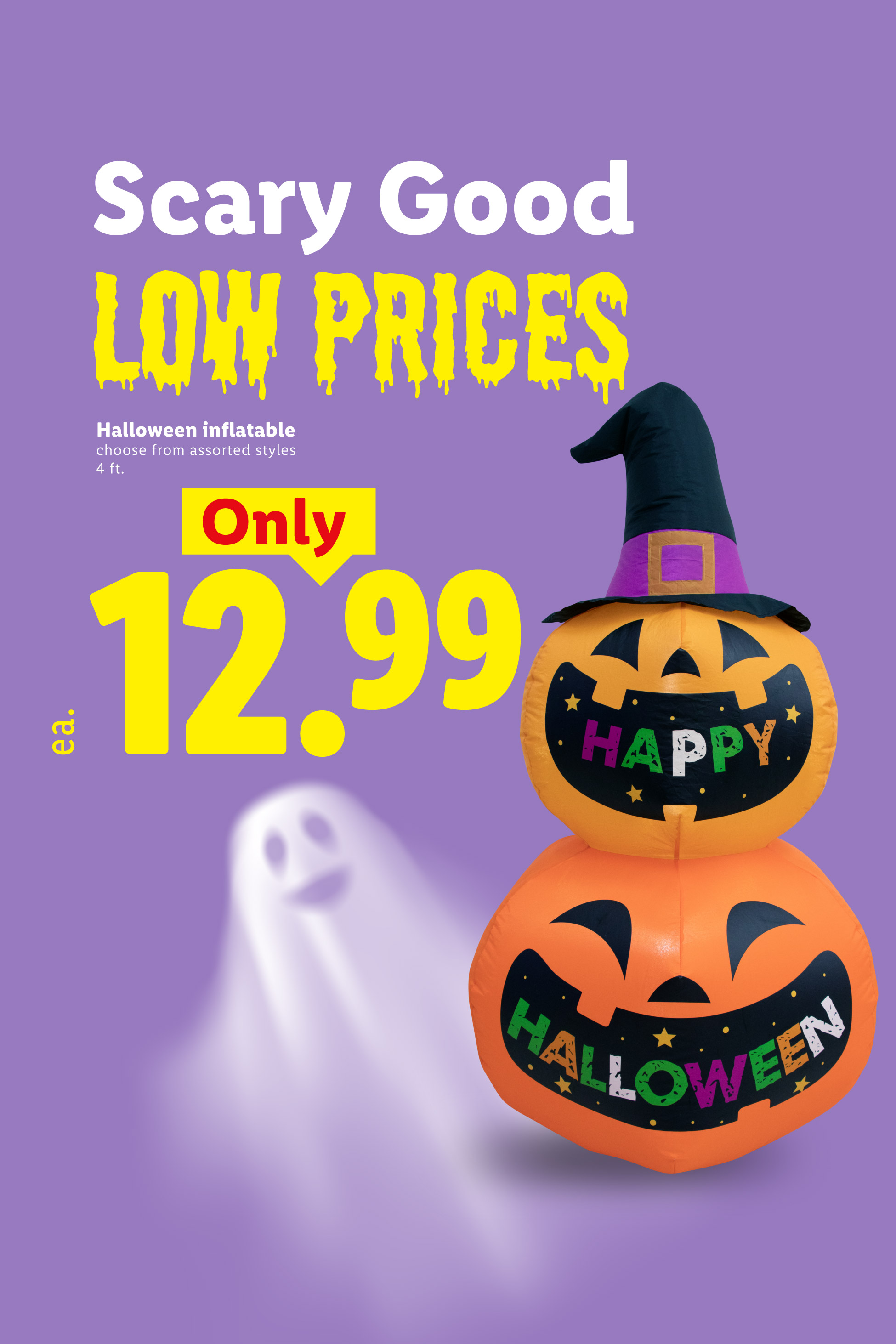 Halloween inflatable with stacked pumpkins and a ghost, priced at $12.99.