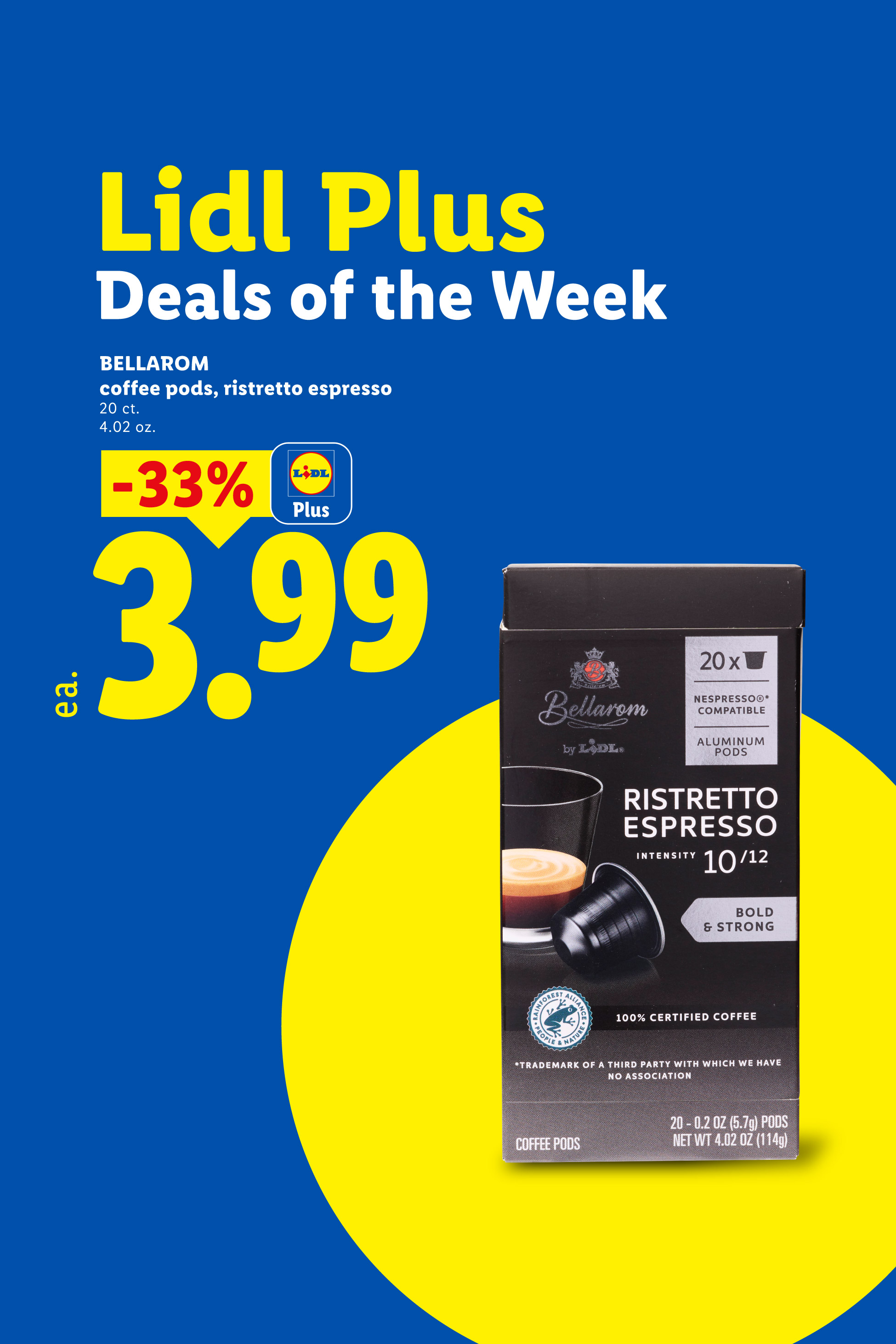 Lidl Plus deal: Ristretto espresso coffee pods, 20 count, 33% off at $3.99.