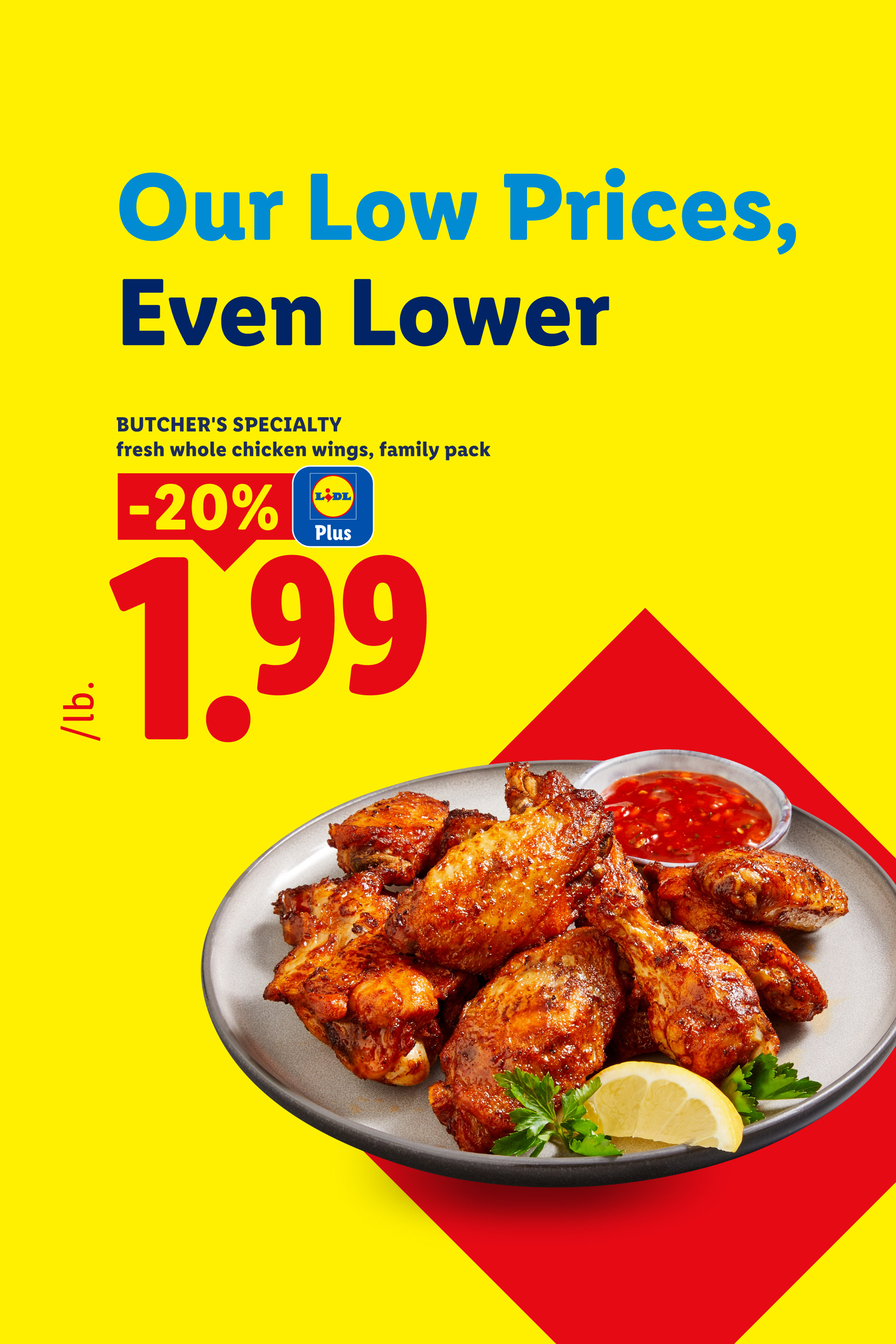 Ad for fresh whole chicken wings, family pack, priced at $1.99/lb, with a 20% discount.