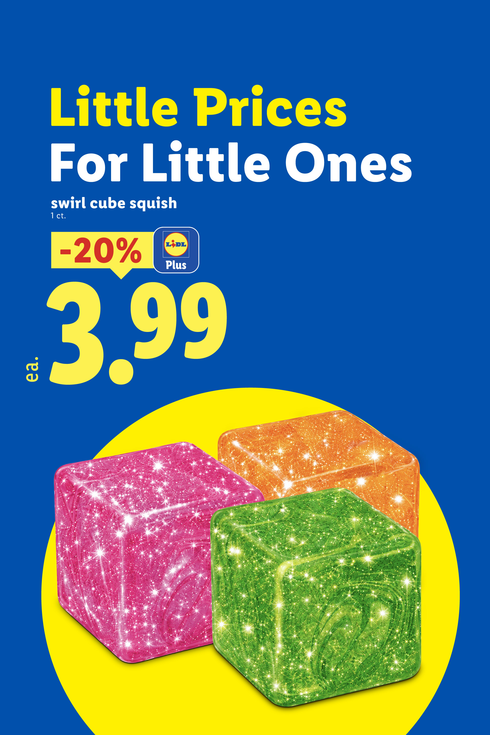 Glittery swirl cube squish toys on sale for 3.99 with a discount.