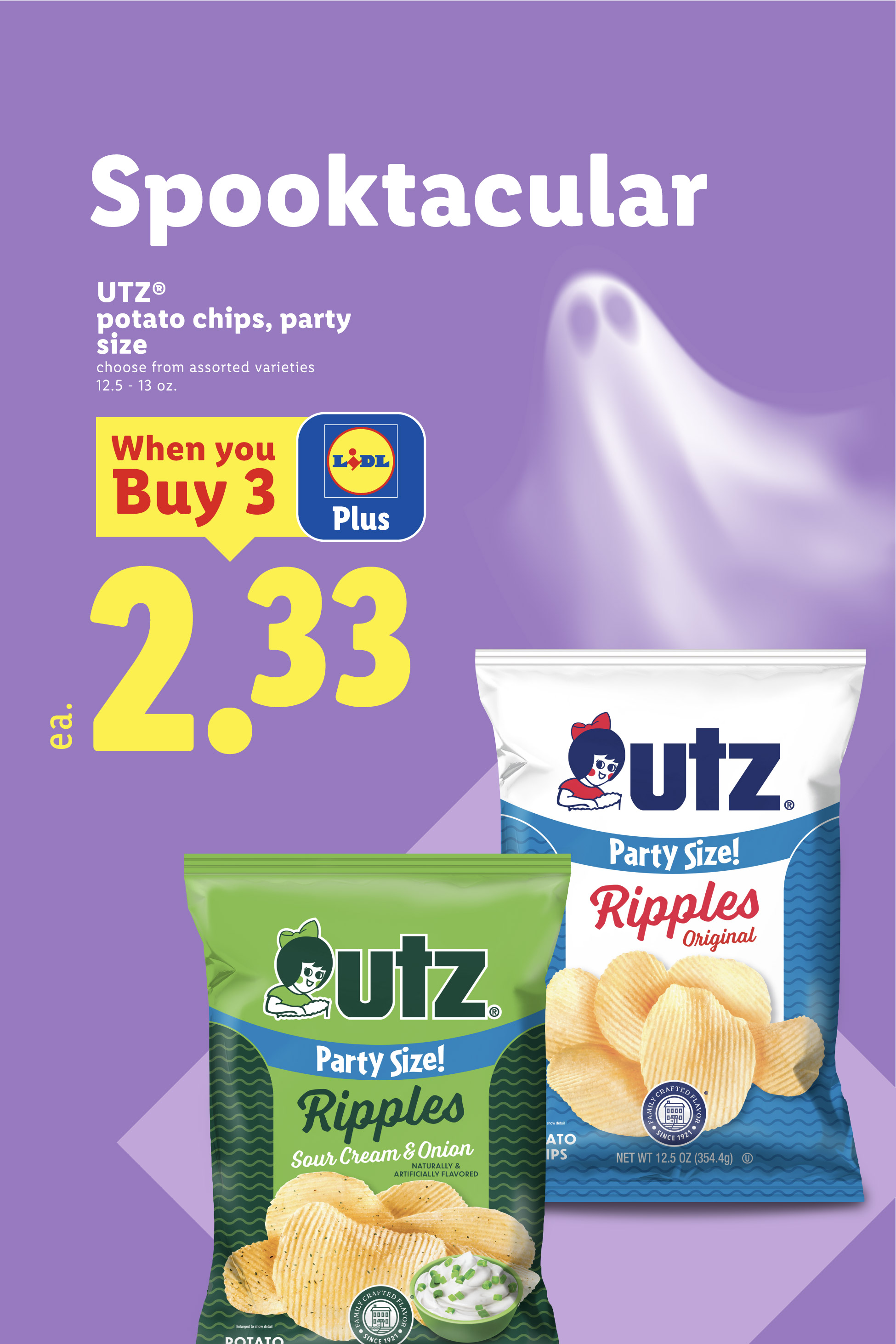Halloween-themed offer for party size potato chips at 2.33 each when you buy 3.