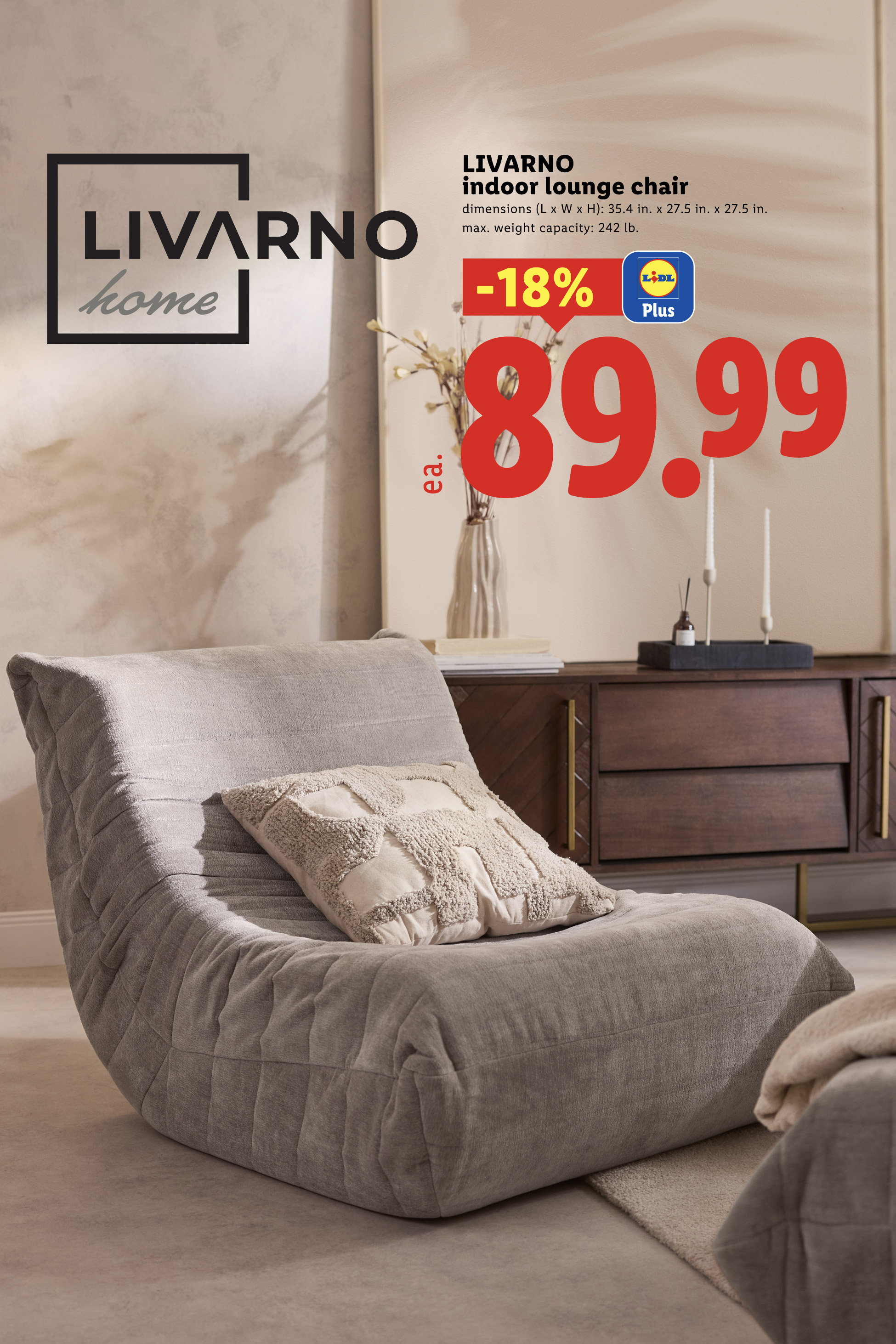 An indoor lounge chair with a cushion, priced at 89.99.