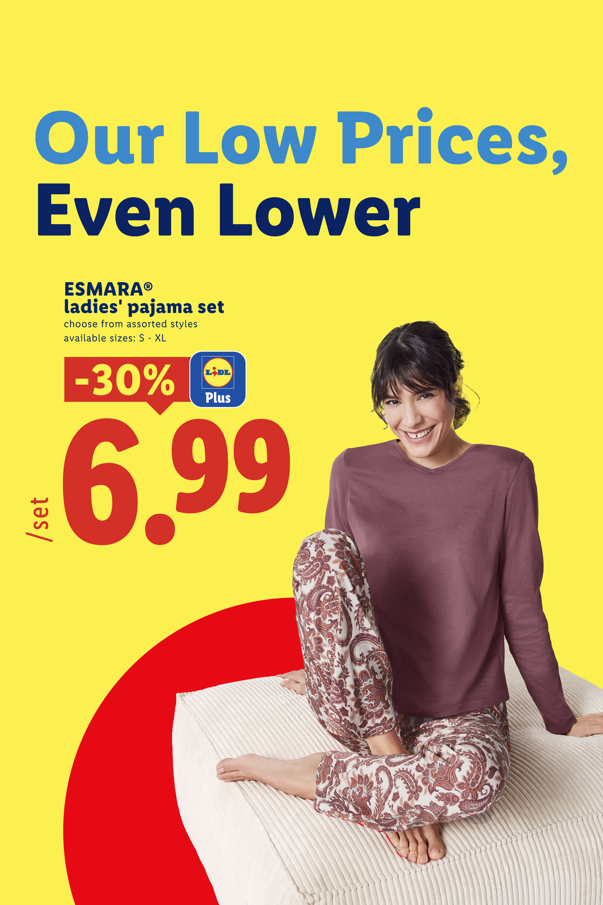 A ladies' pajama set with a long-sleeved top and patterned pants, priced at 6.99.