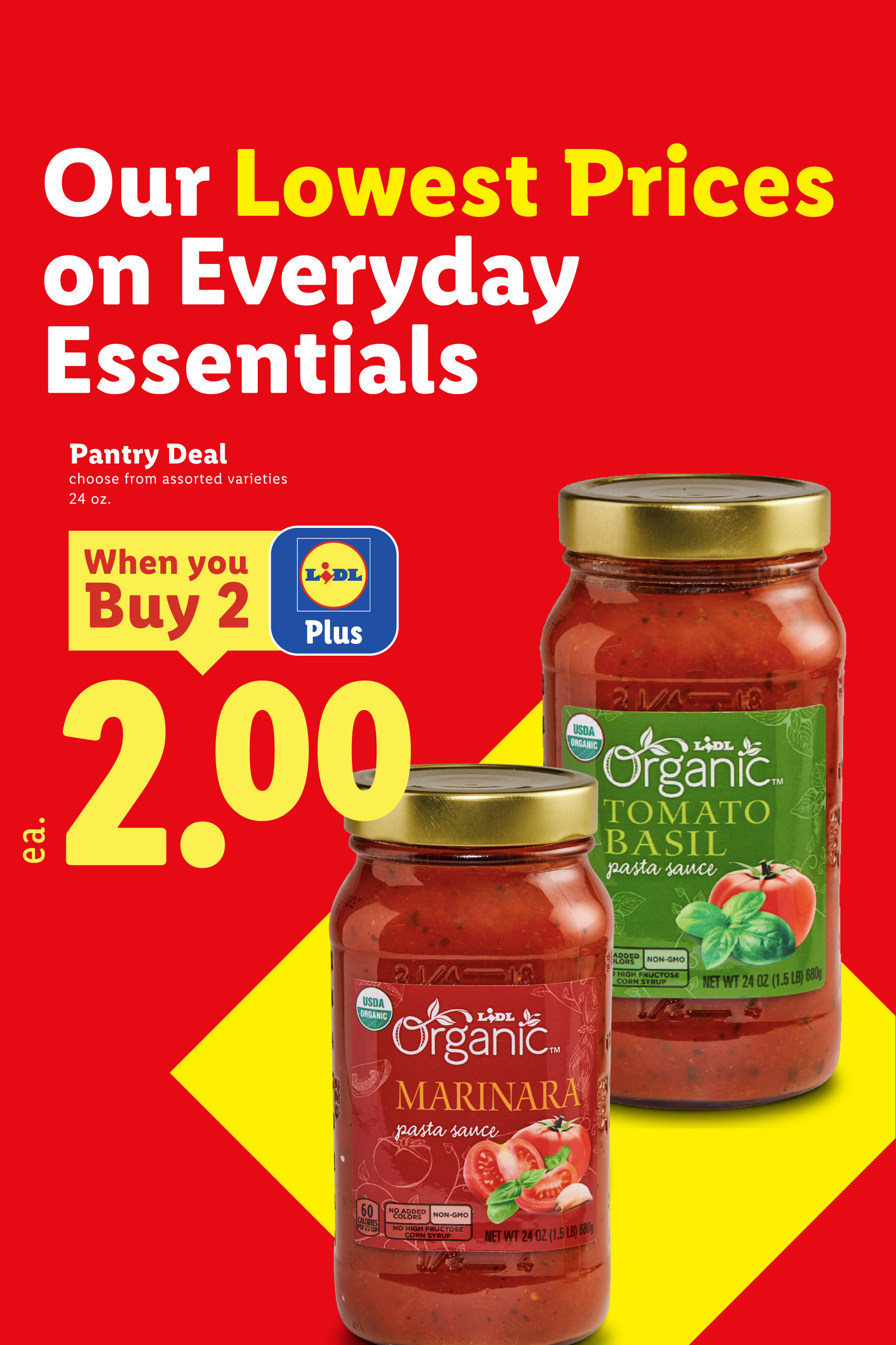 Two jars of organic pasta sauce on a red and yellow background with a promotional price.
