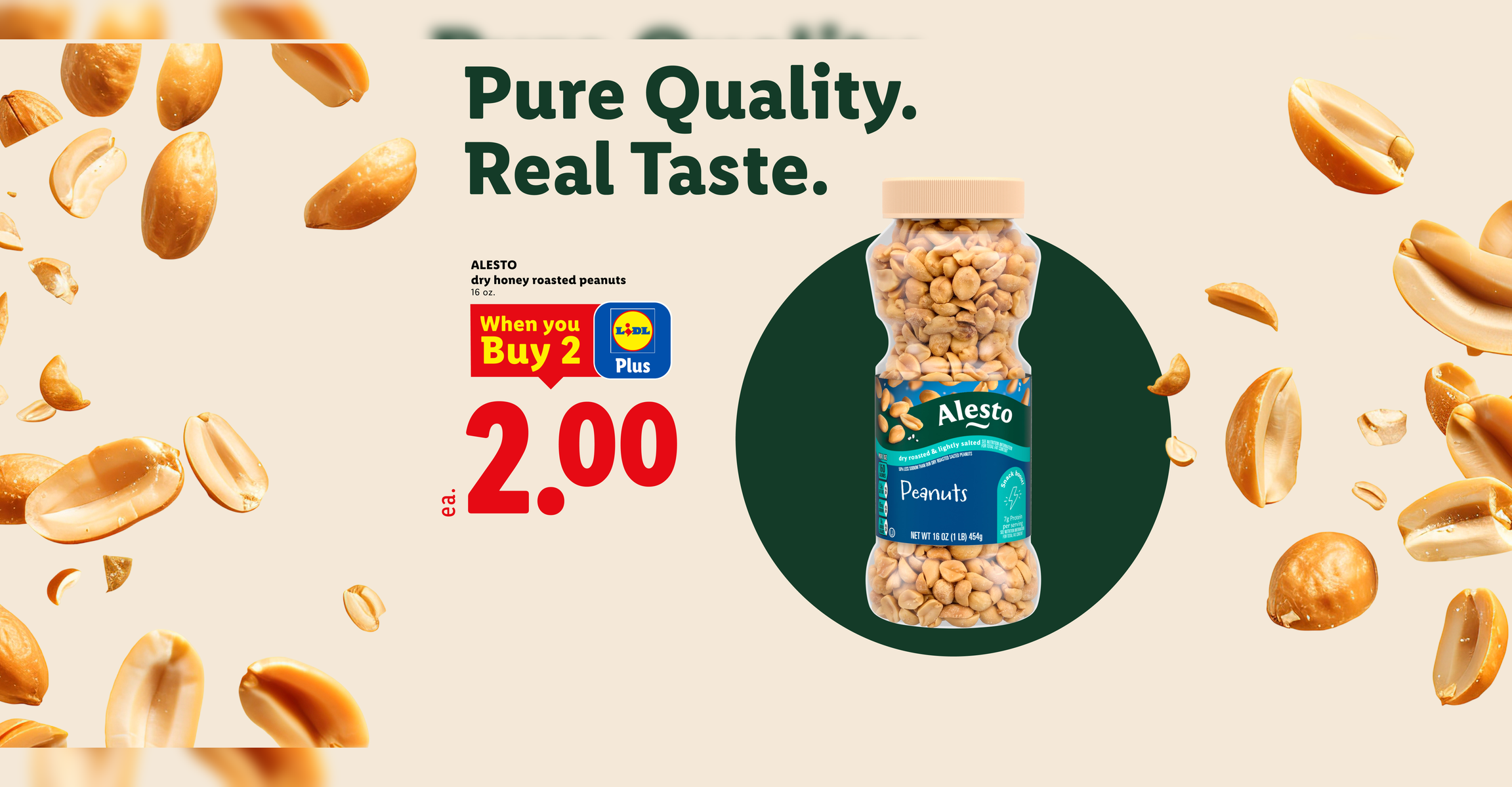 A promotional banner for dry honey roasted peanuts priced at 2.00 each when you buy 2.