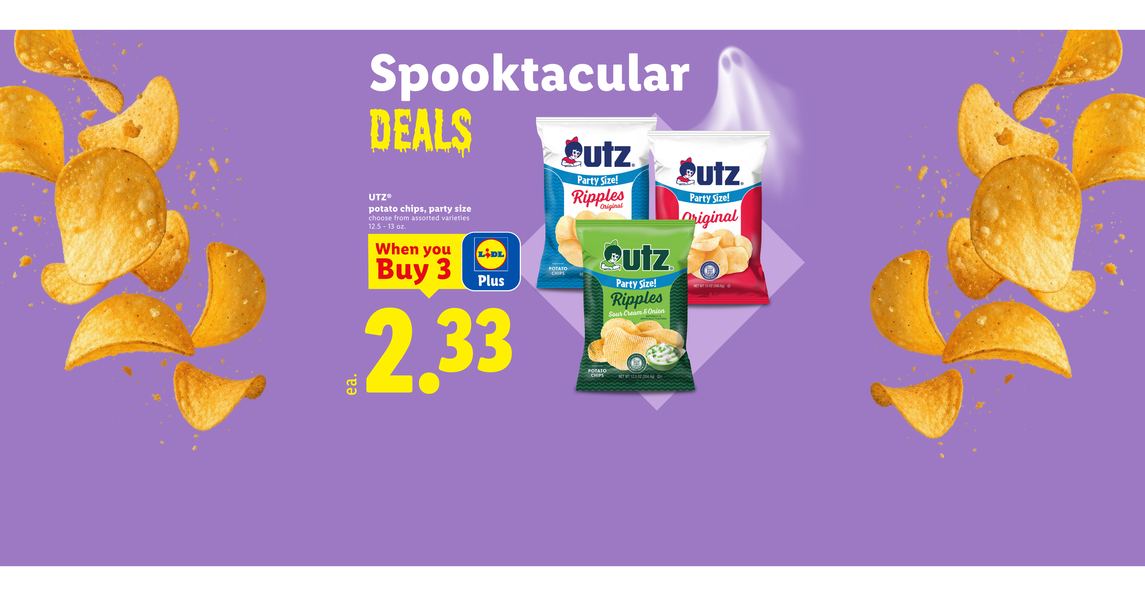 Halloween-themed promotion for party size potato chips, priced at 2.33 each when you buy 3.