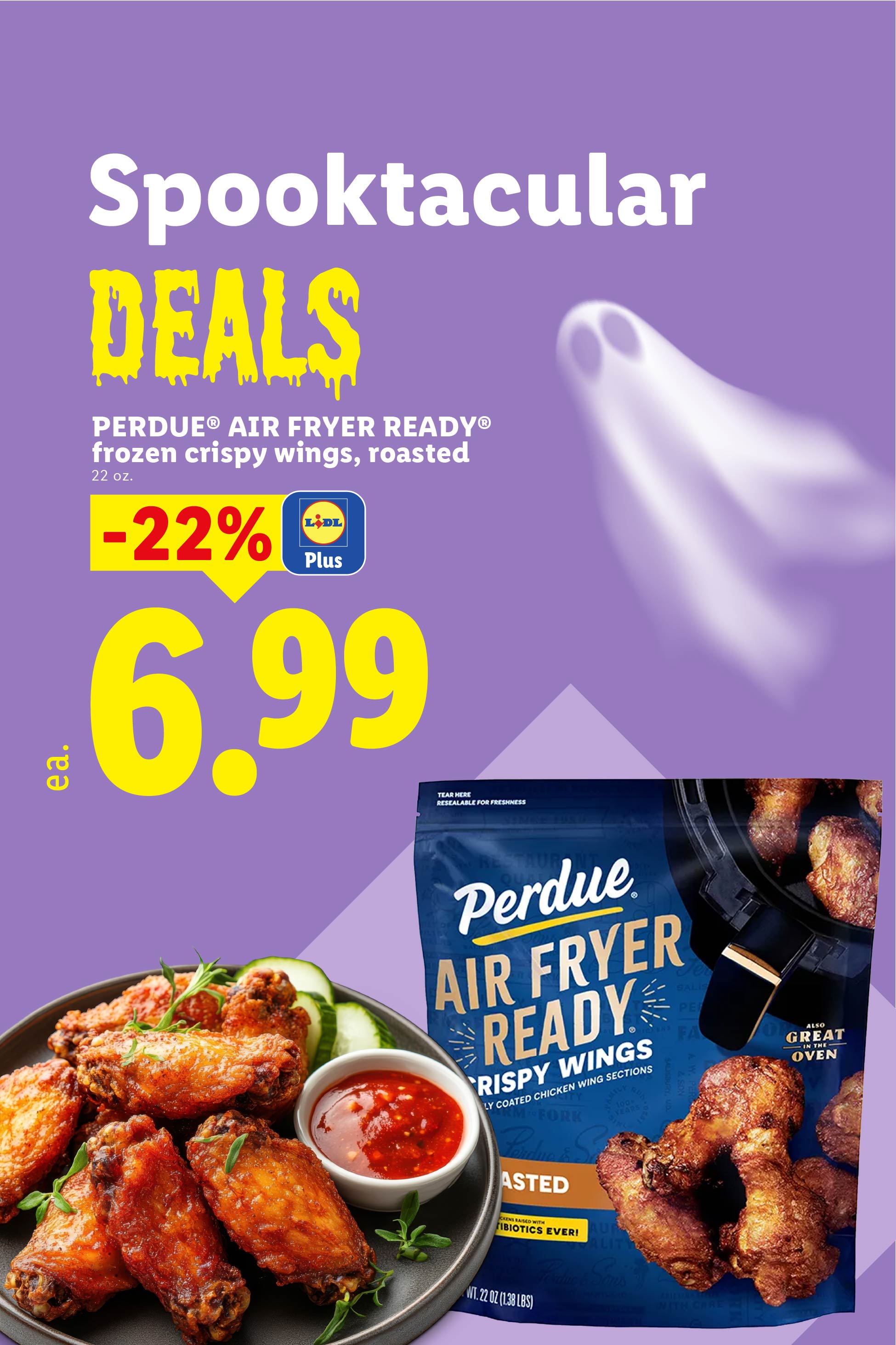 Halloween-themed promotion for frozen crispy chicken wings, priced at 6.99 with a discount.