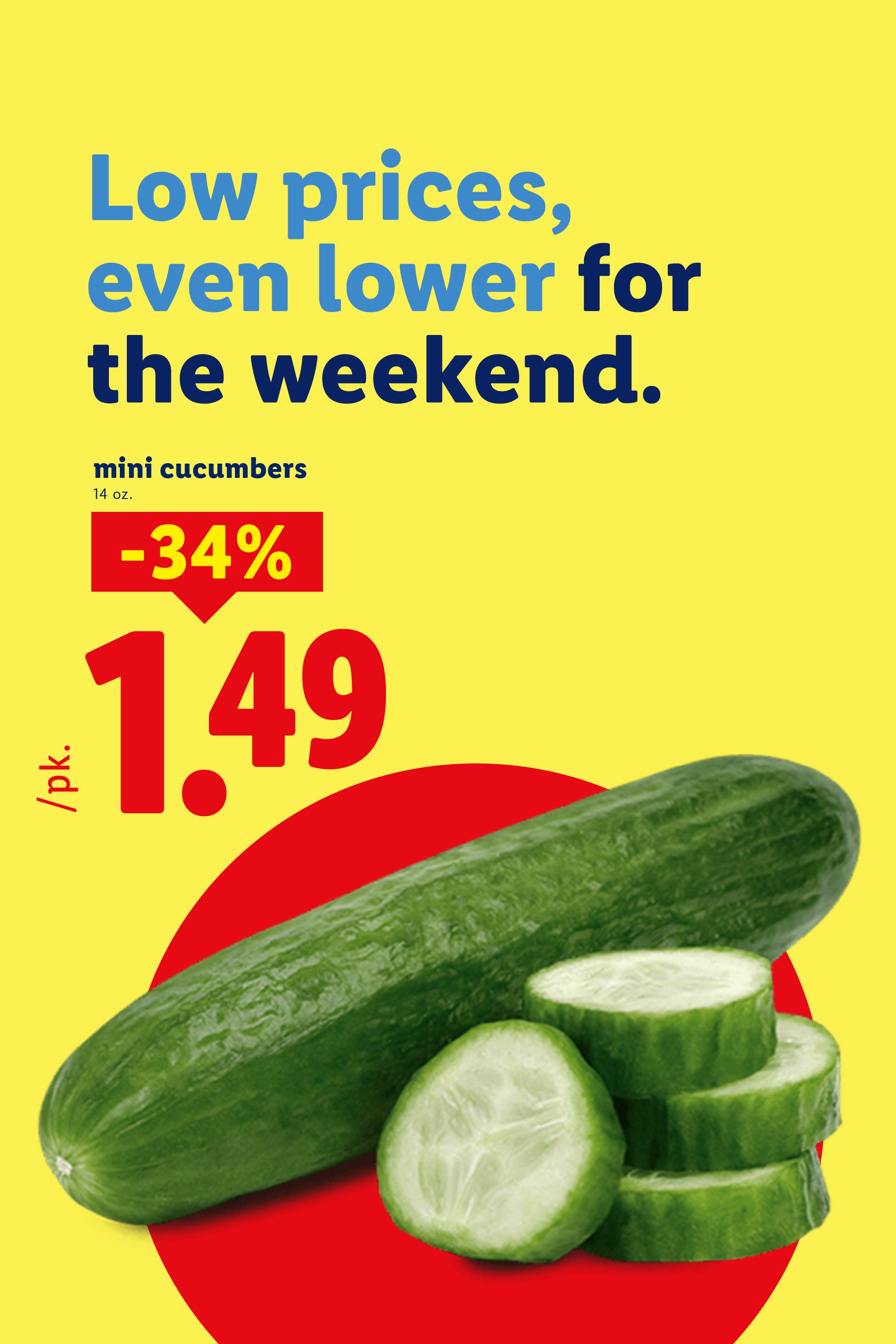 Mini cucumbers on sale for $1.49 per pack, featuring a 34% discount.