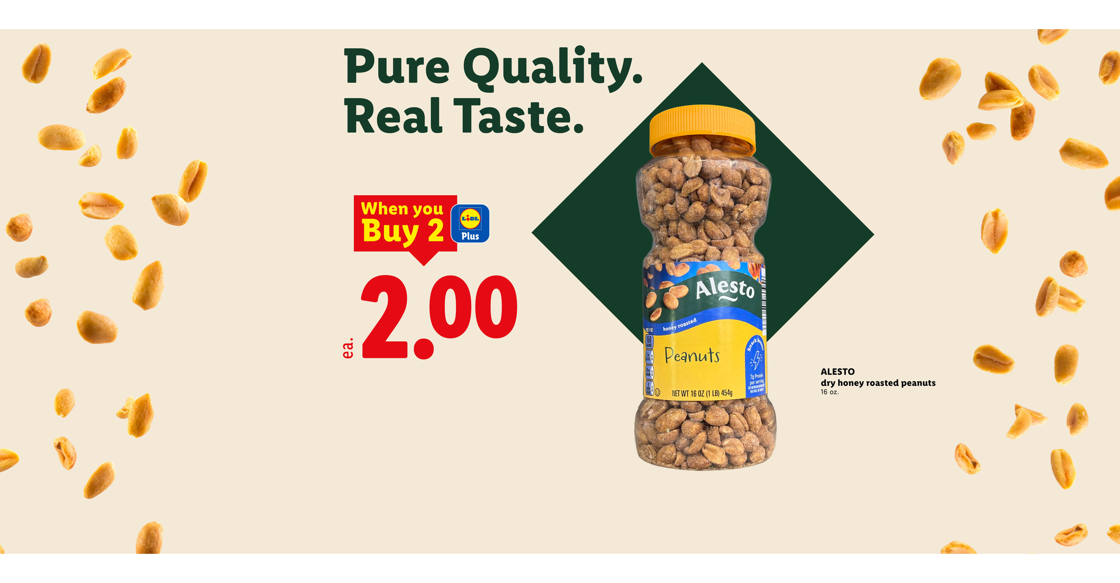 Dry honey roasted peanuts on sale for 2.00 each when you buy 2 with Lidl Plus.