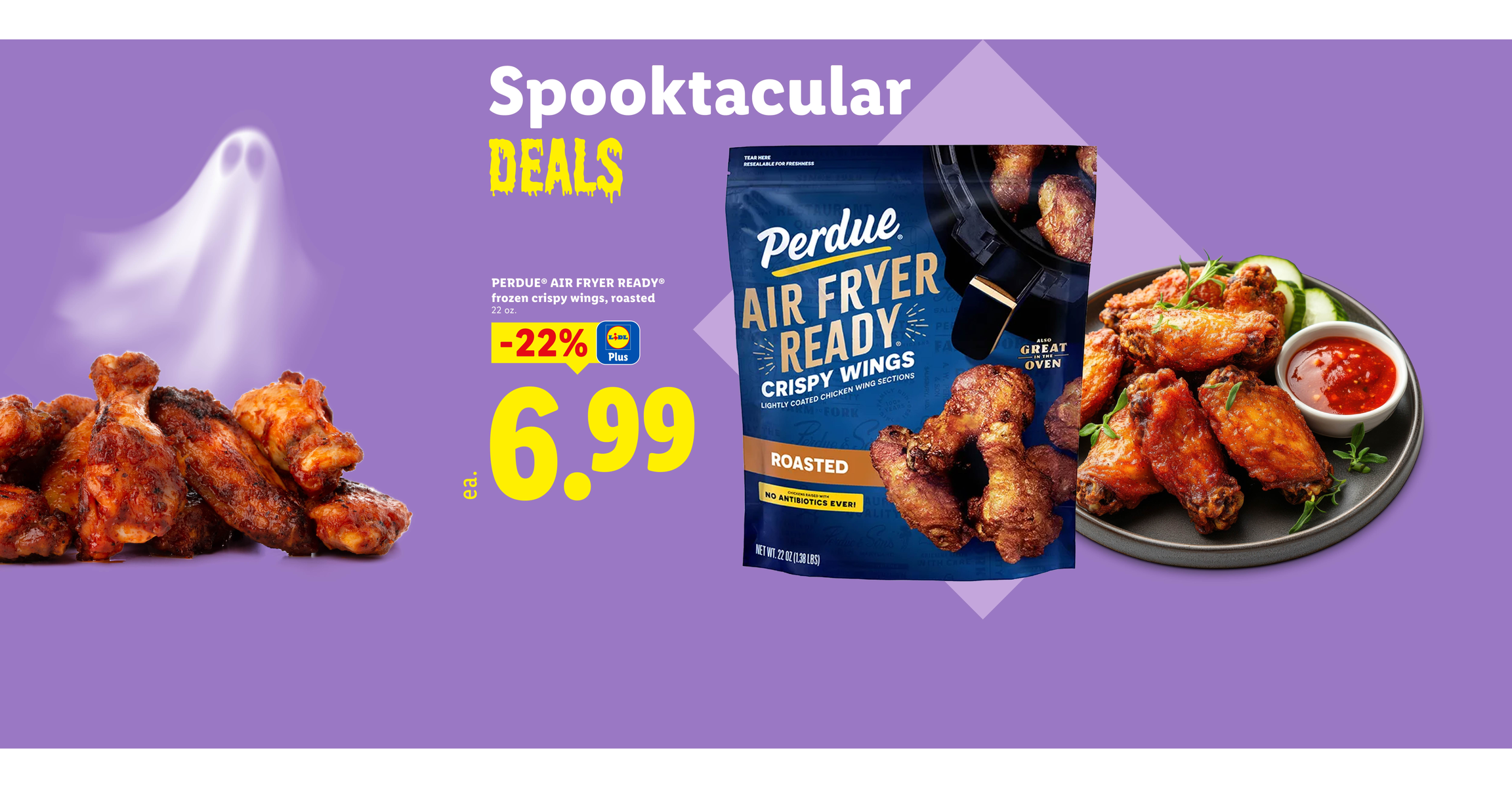 Spooktacular deals on frozen crispy roasted chicken wings for 6.99 with Lidl Plus.