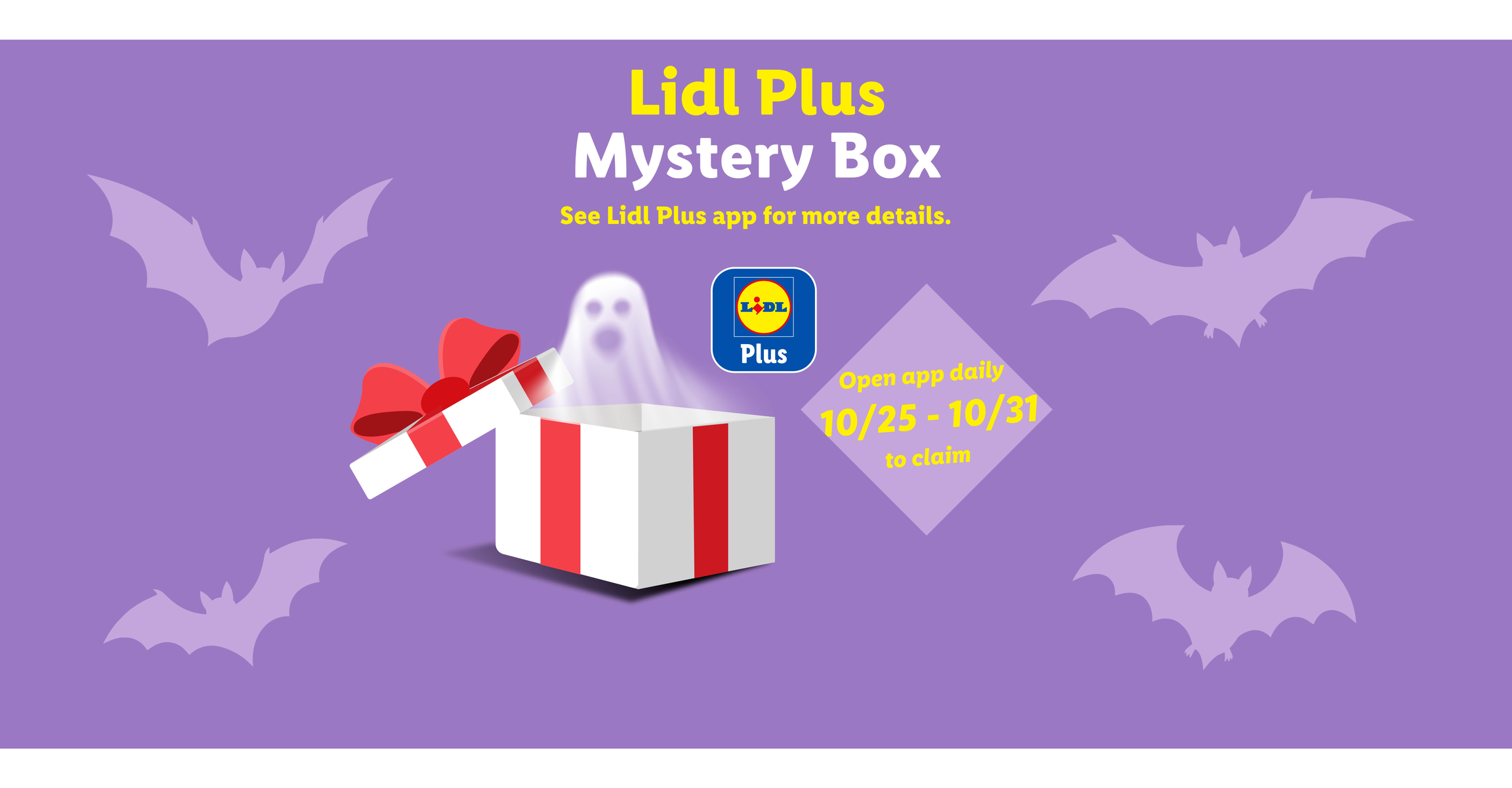 Halloween mystery box promotion on a purple background, active from October 25th to 31st.