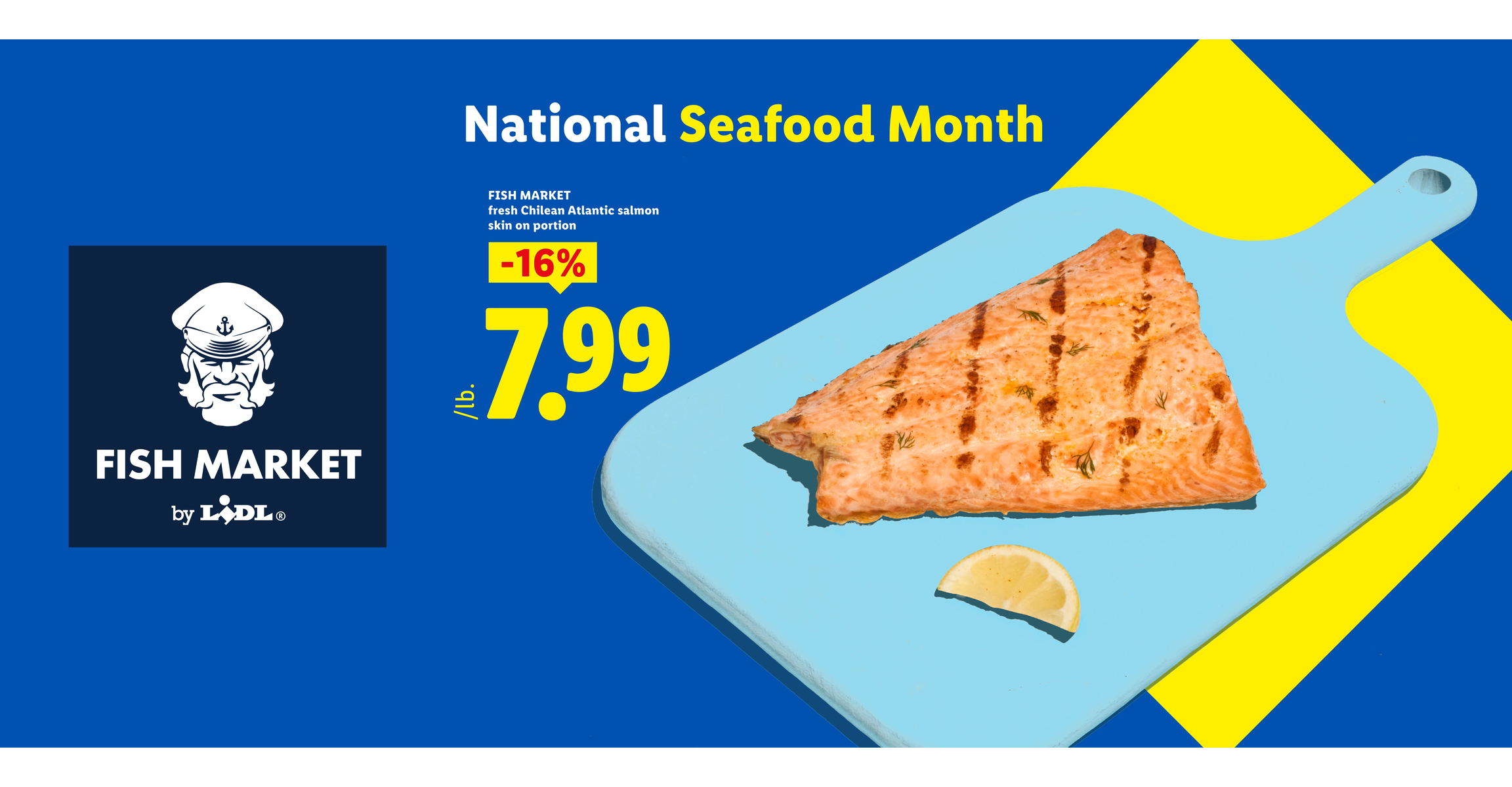 Fresh Chilean Atlantic salmon portion on sale for $7.99/lb during National Seafood Month.