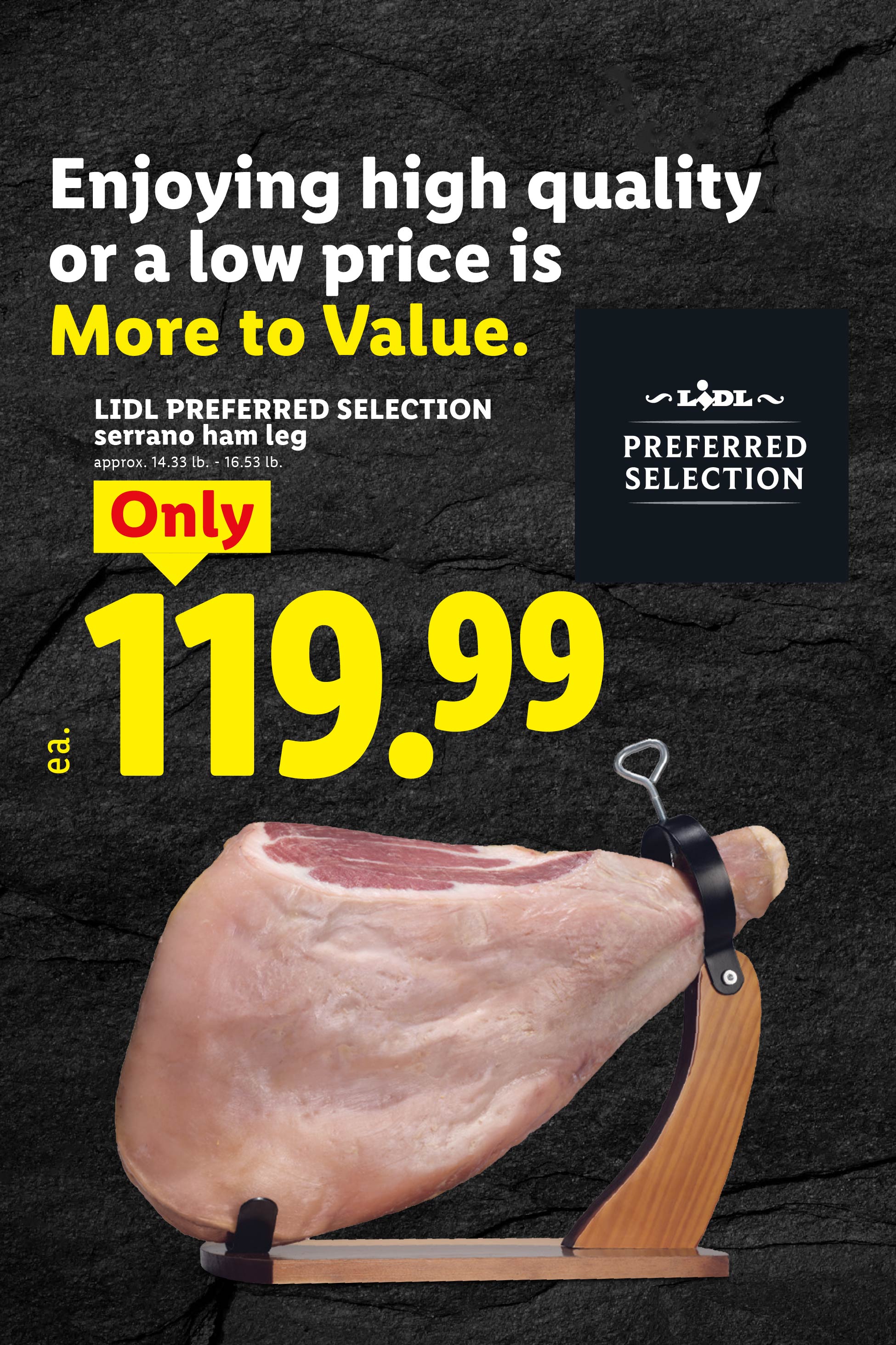 Serrano ham leg on a wooden stand for 119.99.