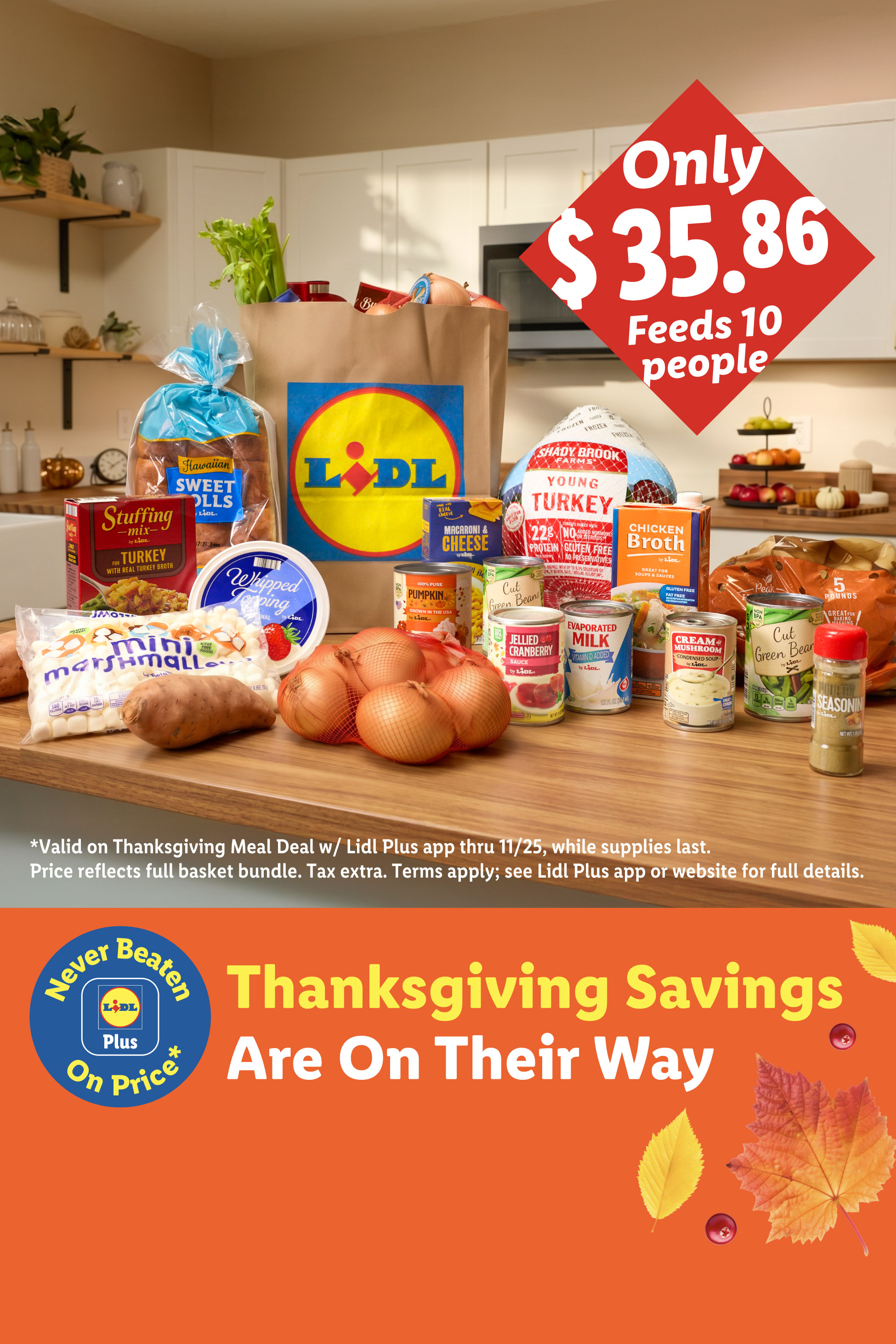 Thanksgiving meal deal bundle with turkey, sides, and ingredients on a kitchen counter.
