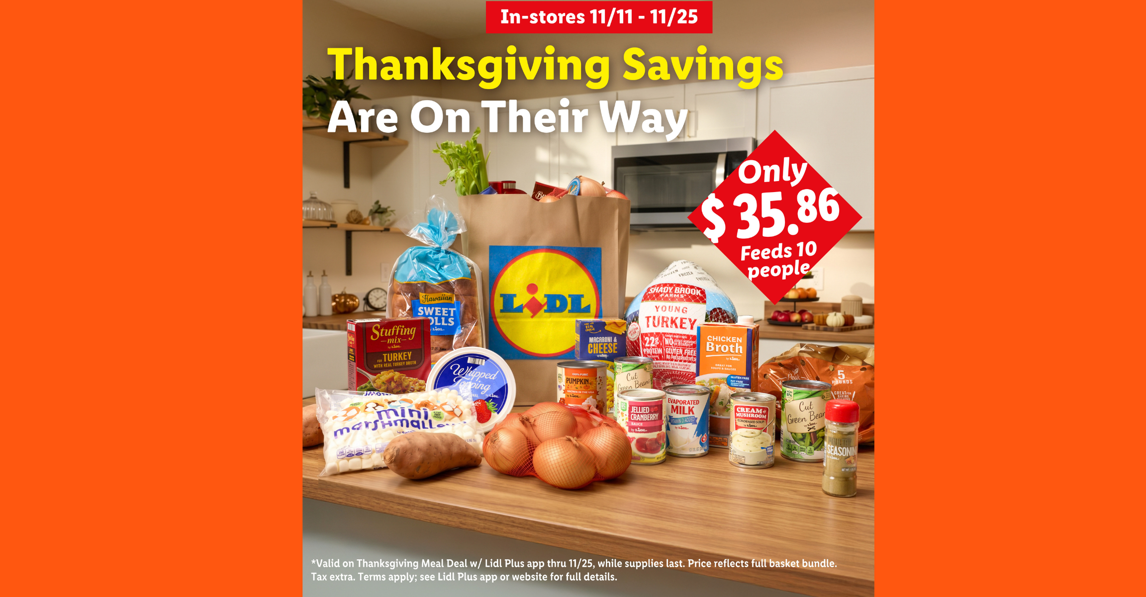 Thanksgiving meal deal banner featuring a turkey, vegetables, and sides for $35.86.