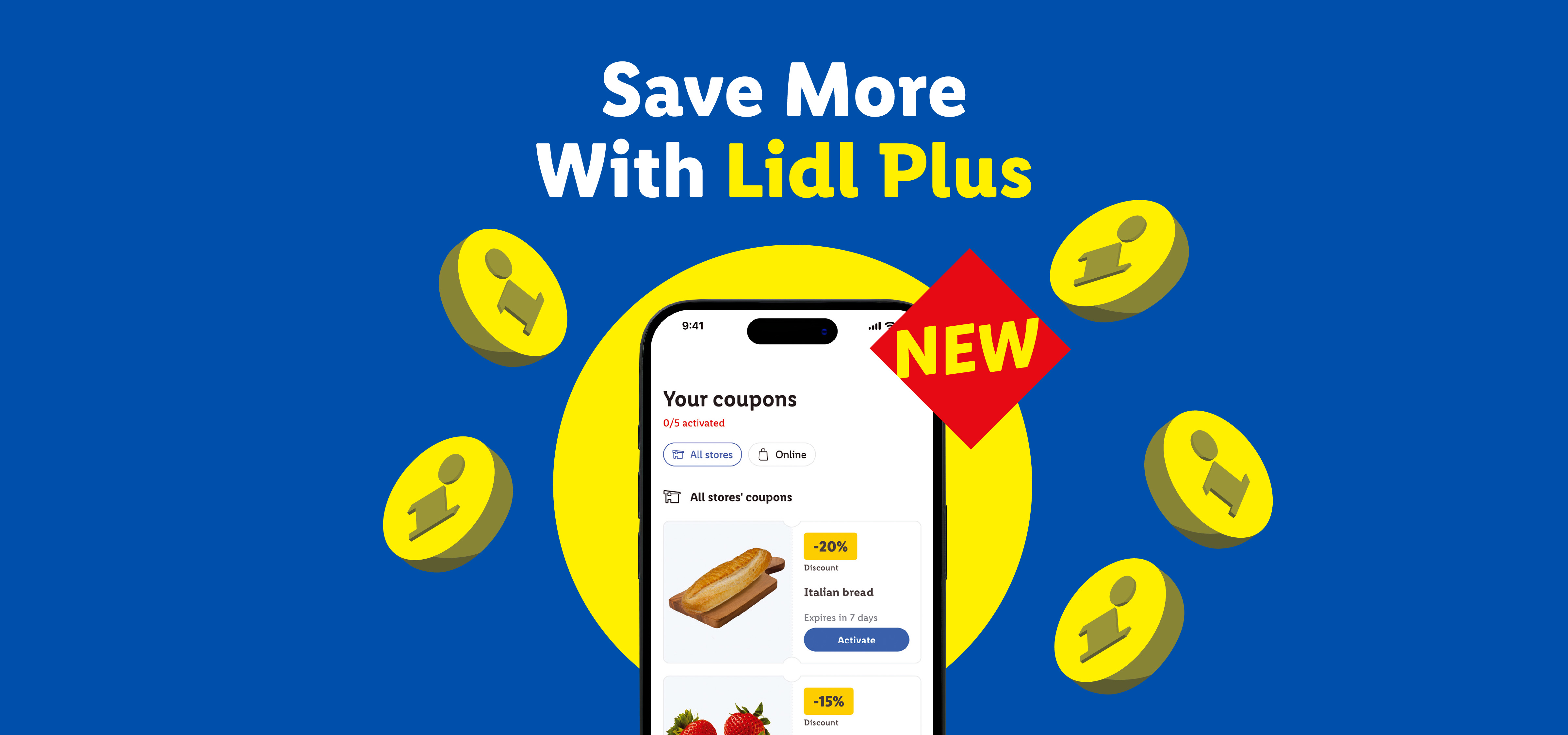 Smartphone displaying coupons for Italian bread, with text 'Save More With Lidl Plus' and 'NEW'.