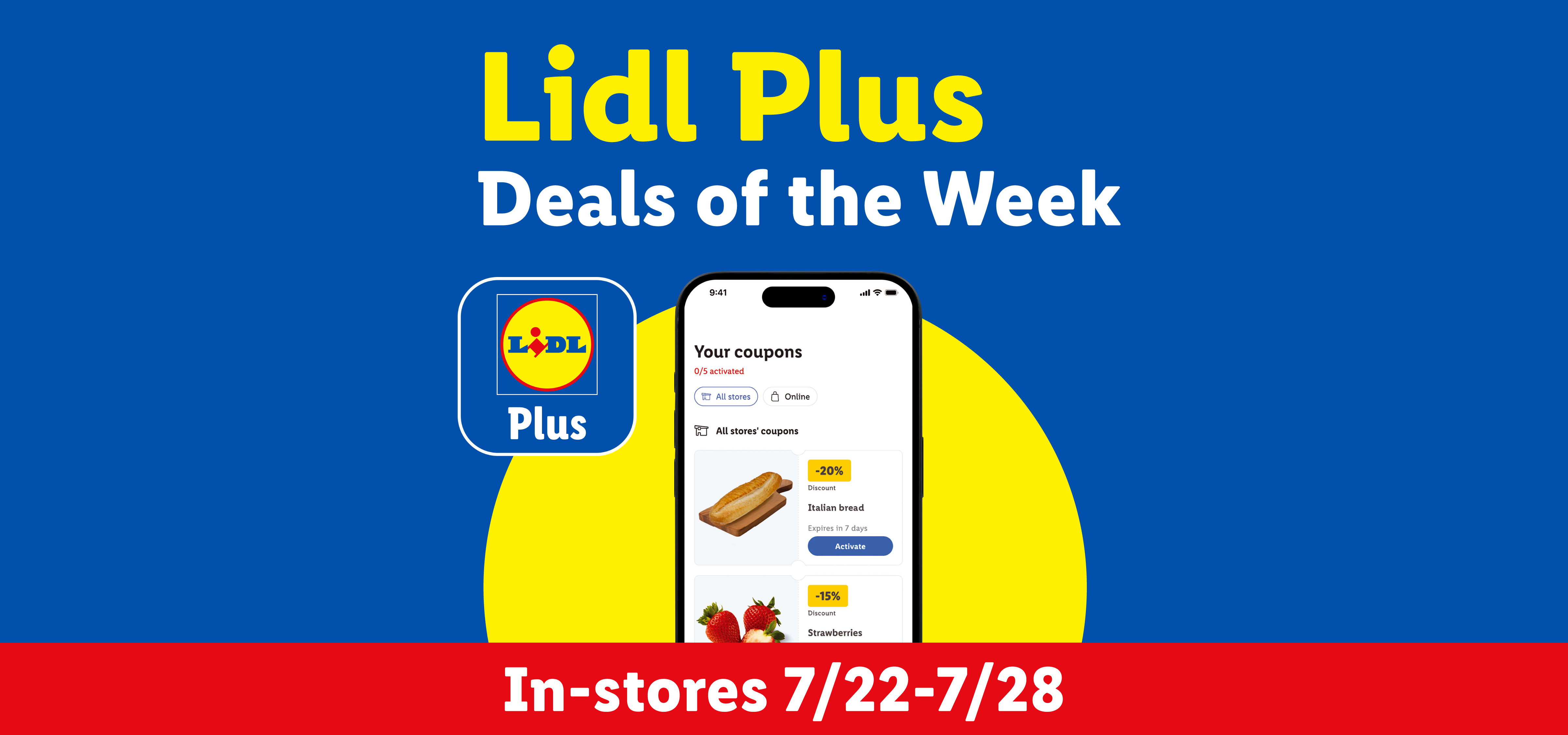 Lidl Plus app showing coupons for Italian bread and strawberries, with 'Deals of the Week' text.