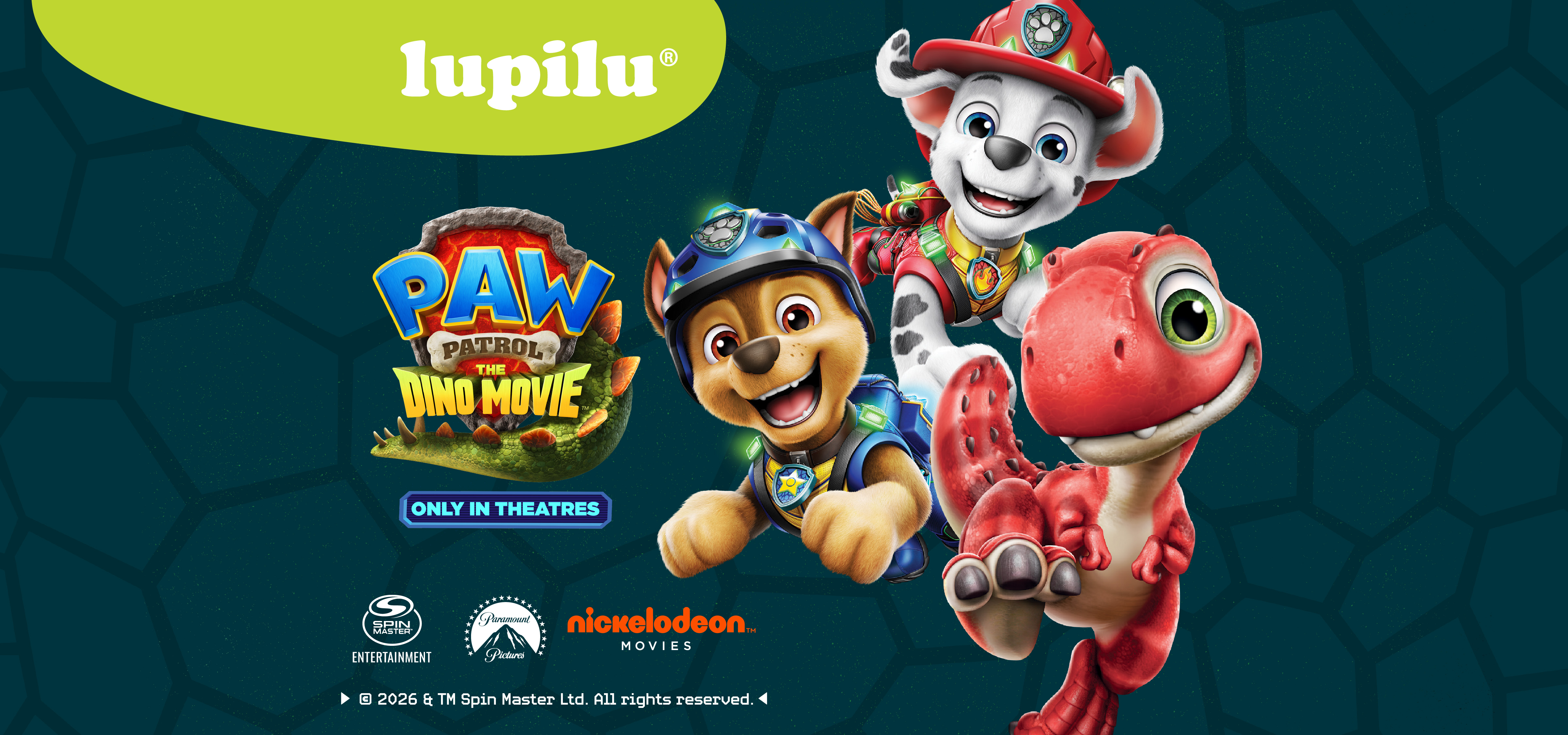A child with a backpack and a Paw Patrol shirt, promoting a movie.
