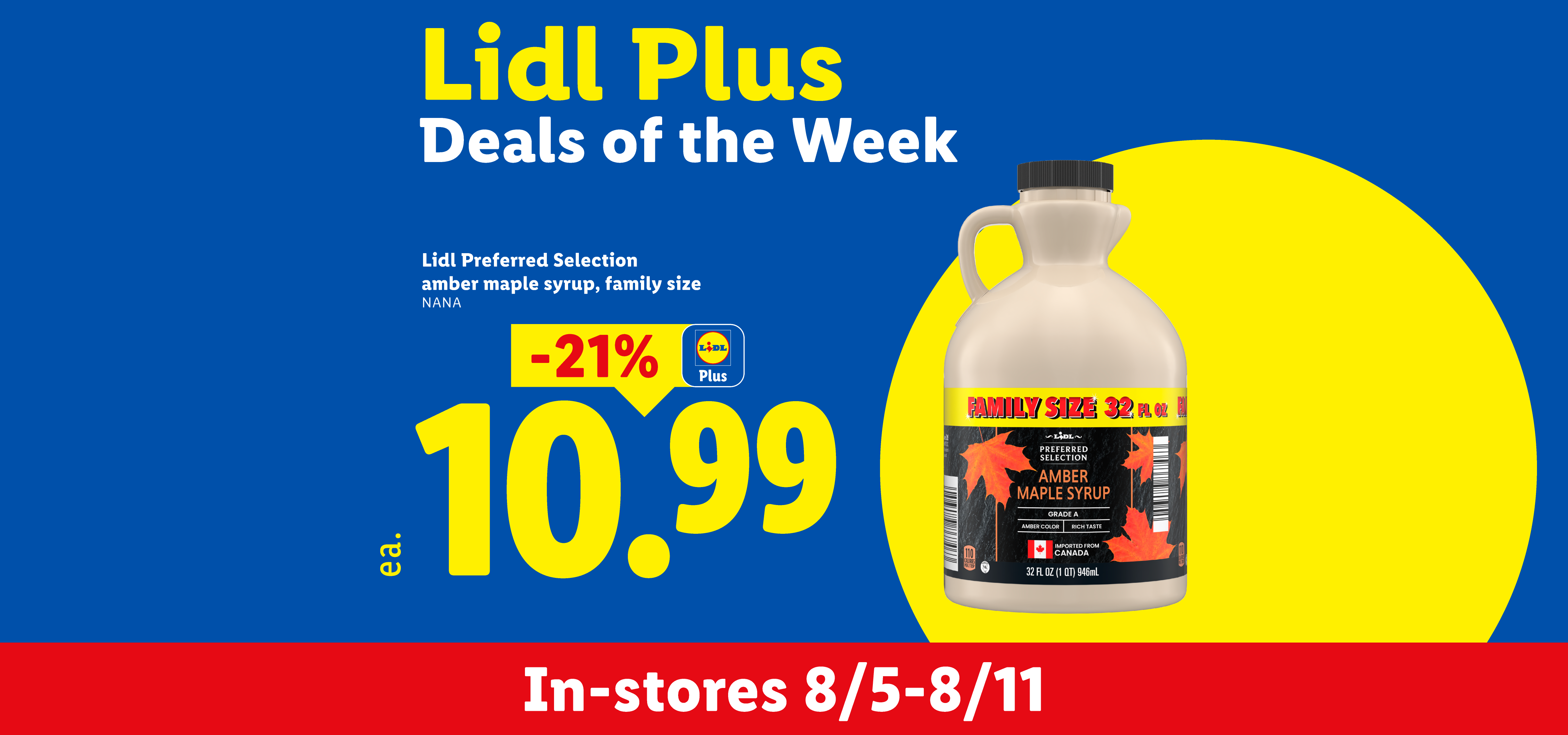 Lidl Plus Deals of the Week banner featuring a family-size amber maple syrup for $10.99, 21% off, valid 8/5-8/11.