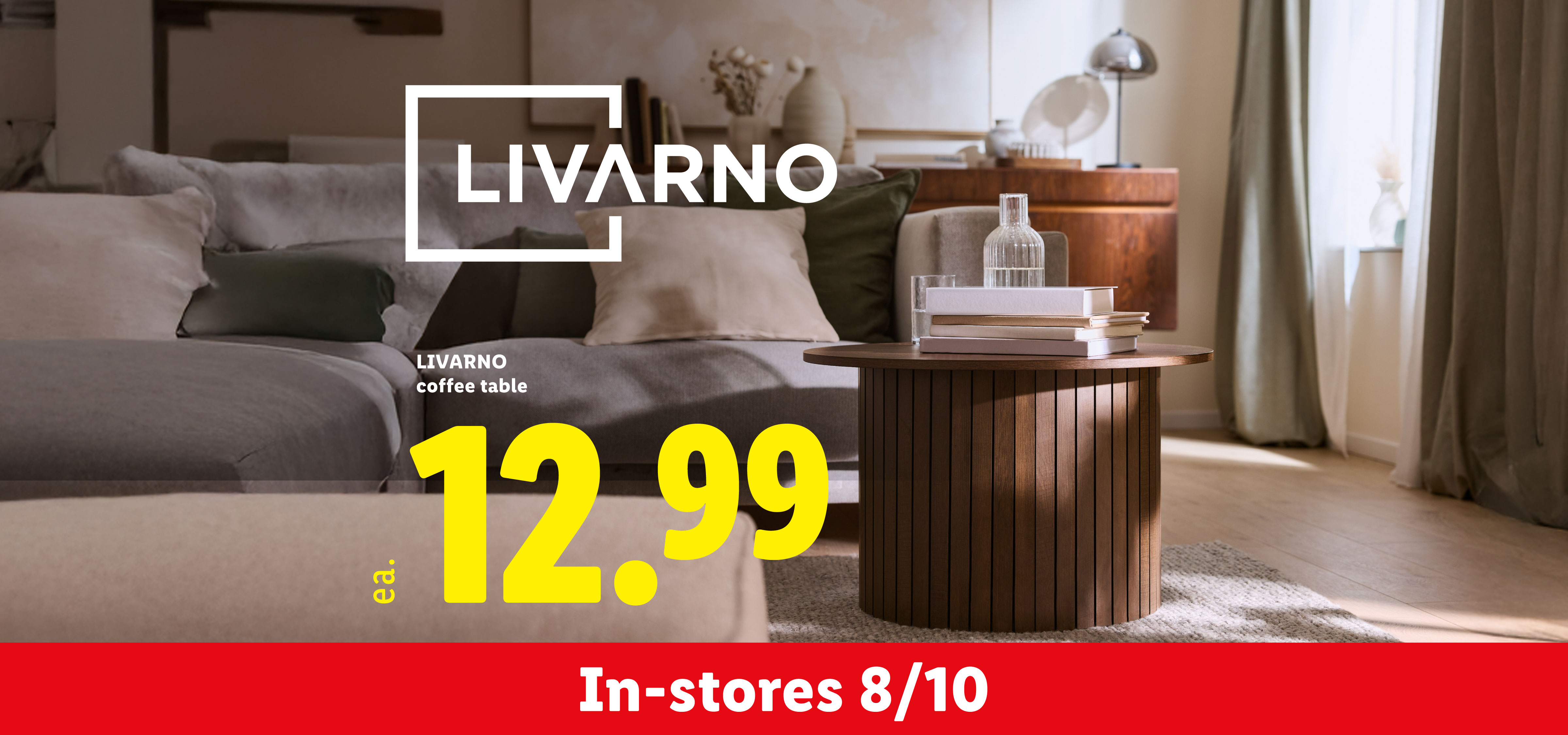Living room with a coffee table, sofa, and pillows. In-stores 8/10. Coffee table 49.99 ea.