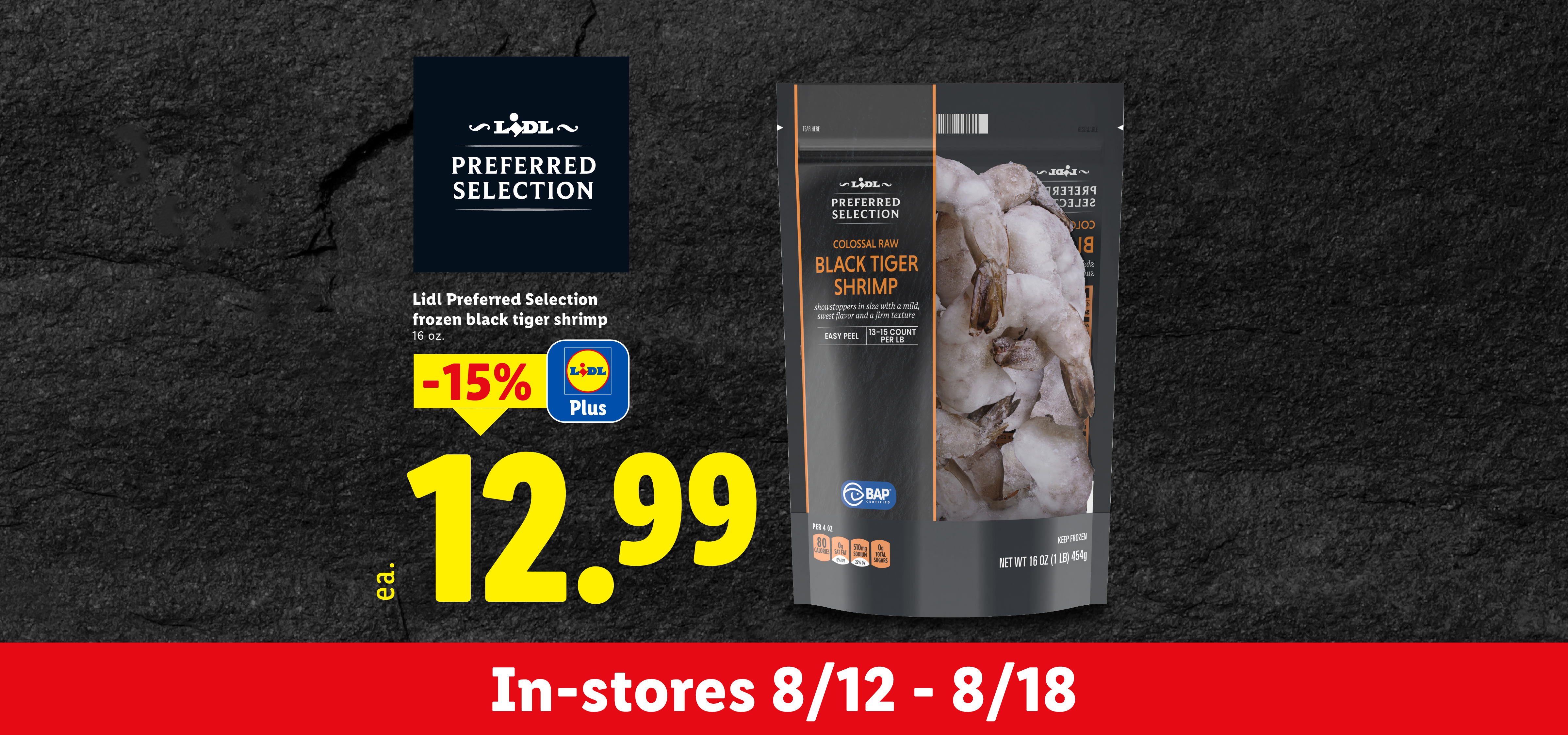 Frozen black tiger shrimp on sale for $12.99, with a 15% discount for Plus members.